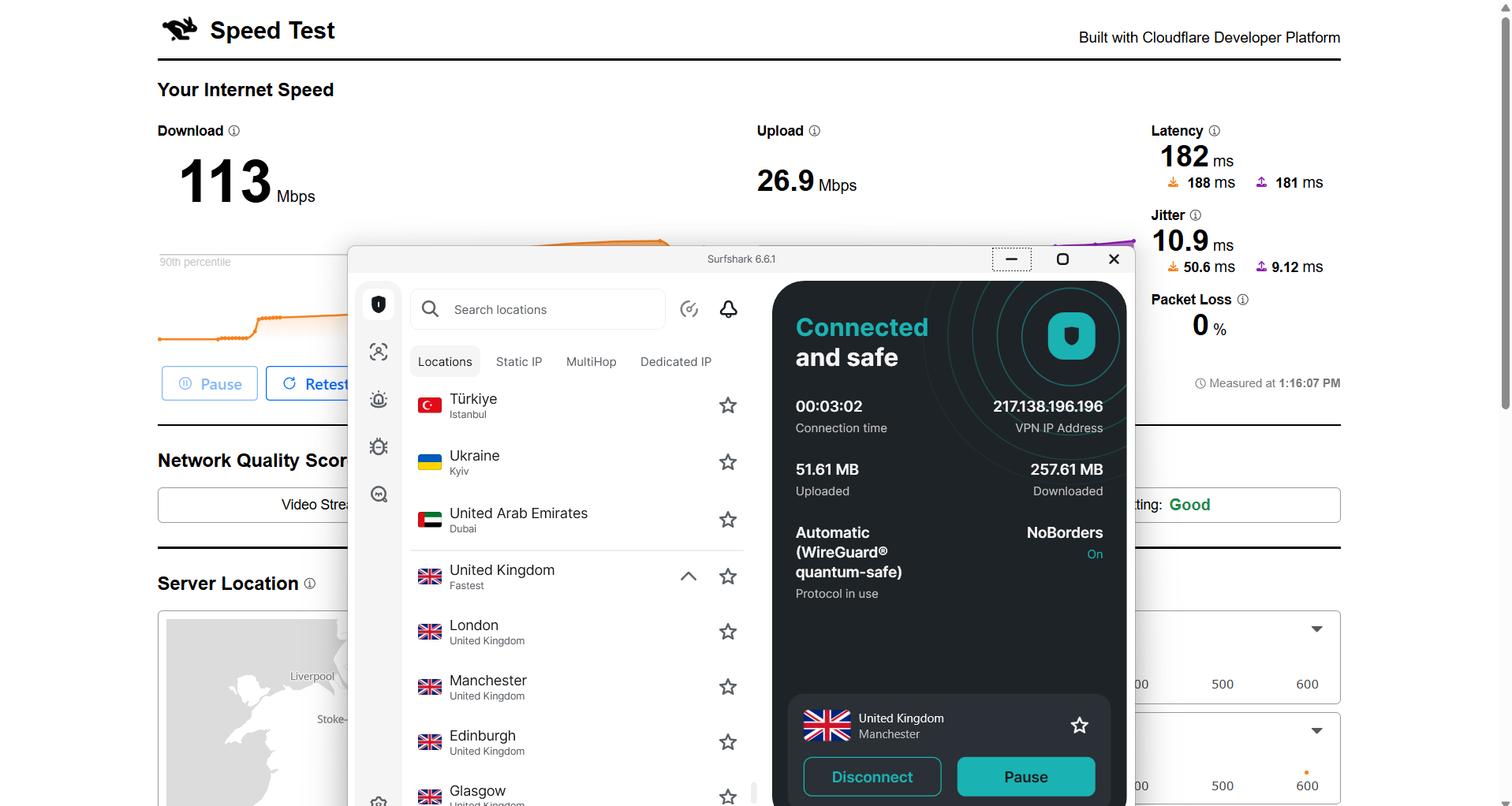 Surfshark VPN speed test results on Windows connected to Manchester server over WiFi showing download, upload, latency, and jitter performance