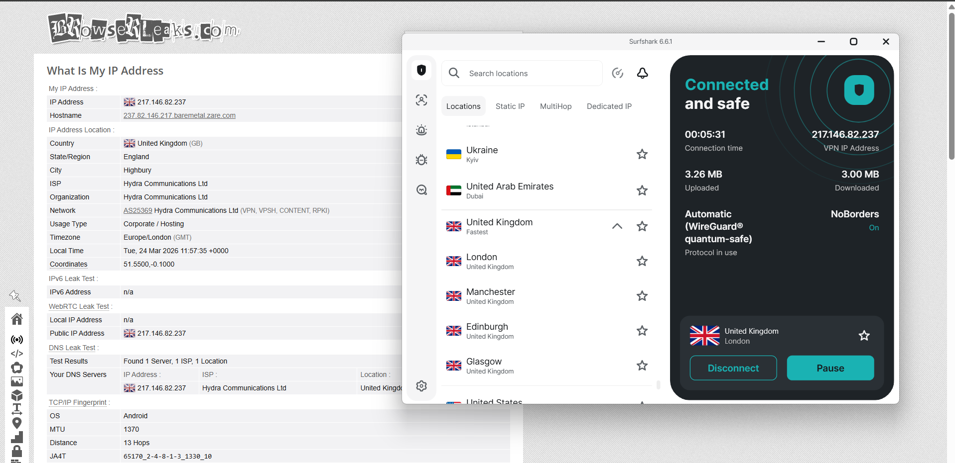 Surfshark VPN IP, DNS, and WebRTC leak test results on Windows connected to London server over WiFi showing no leaks detected