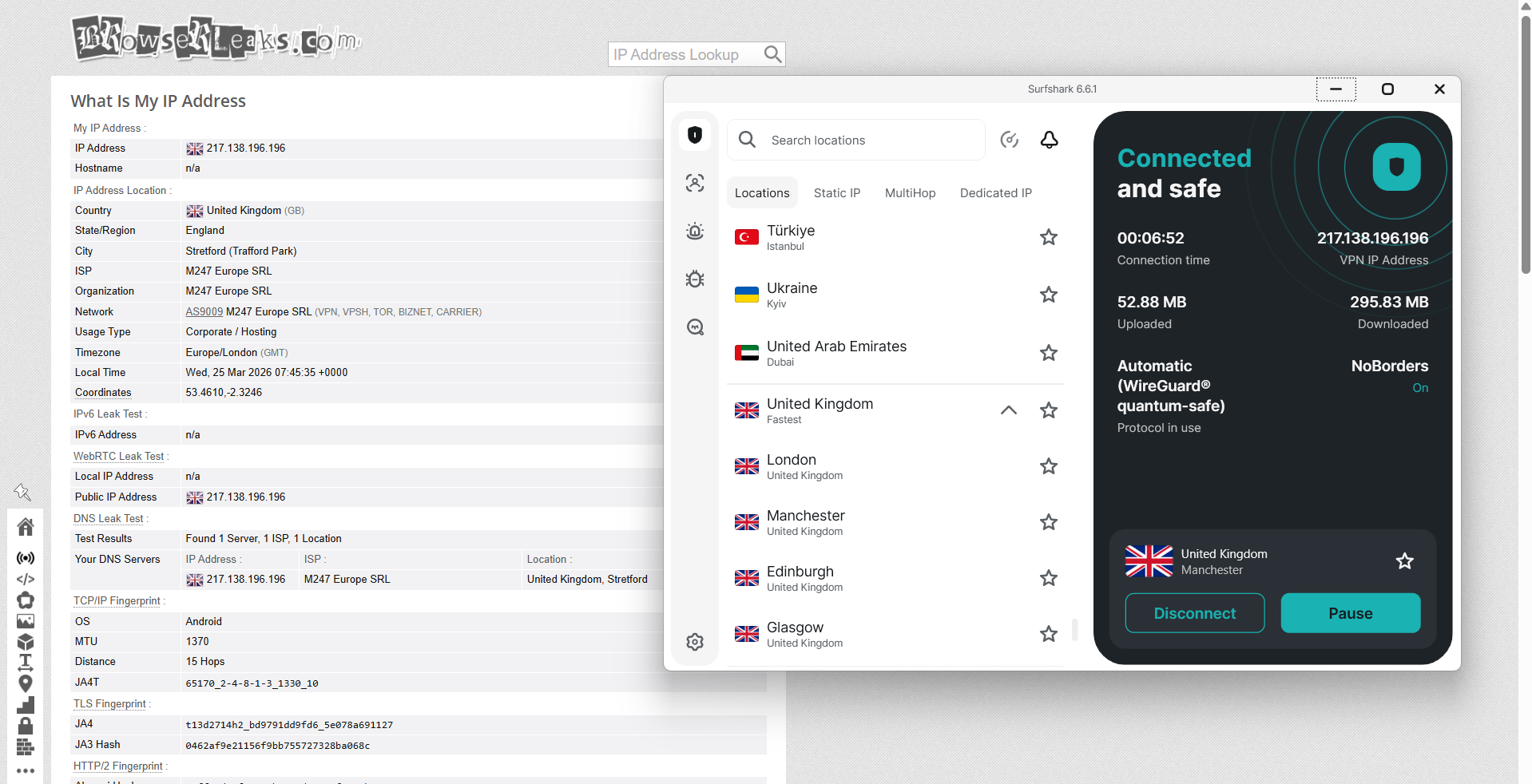 Surfshark VPN IP, DNS, and WebRTC leak test results on Windows connected to Manchester server over WiFi showing no leaks detected