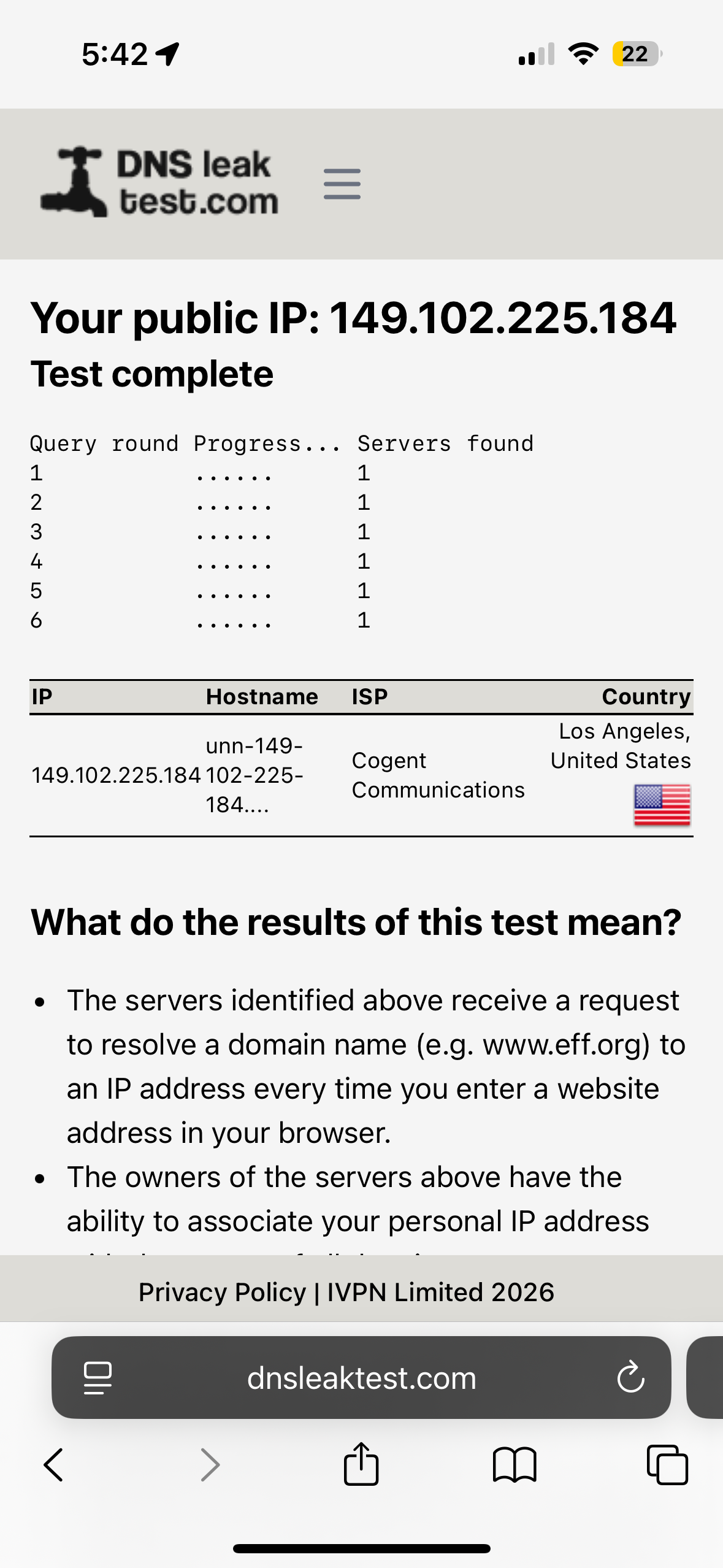 Surfshark VPN iPhone DNS Leak Test Passed on US Los Angeles Server