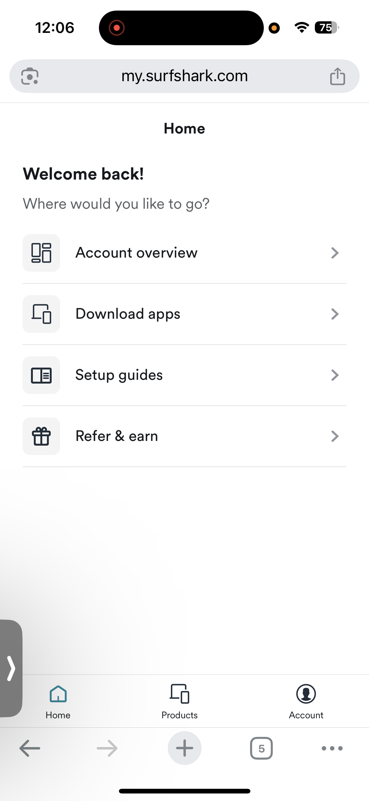 Surfshark iPhone User Account Dashboard on Chrome