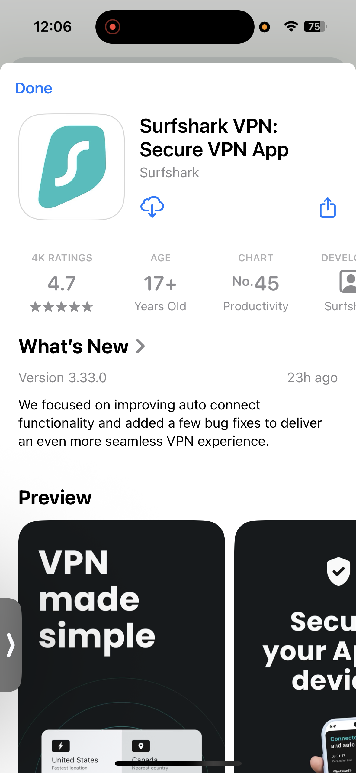 Surfshark App Store listing showing ratings and update details