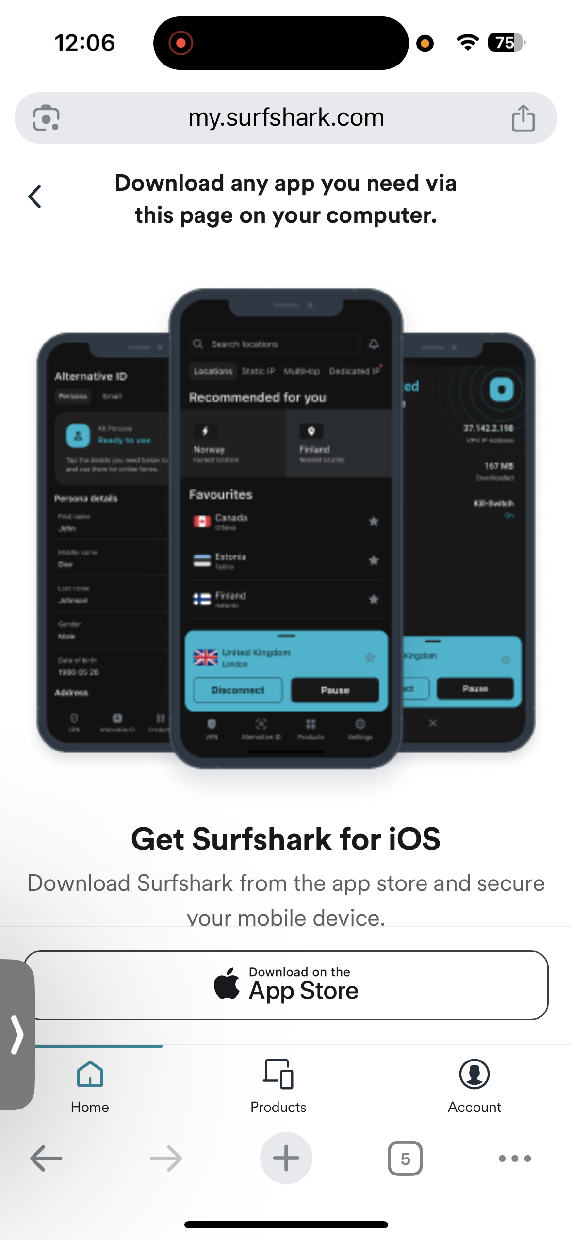 Surfshark iOS download page with App Store link on Chrome