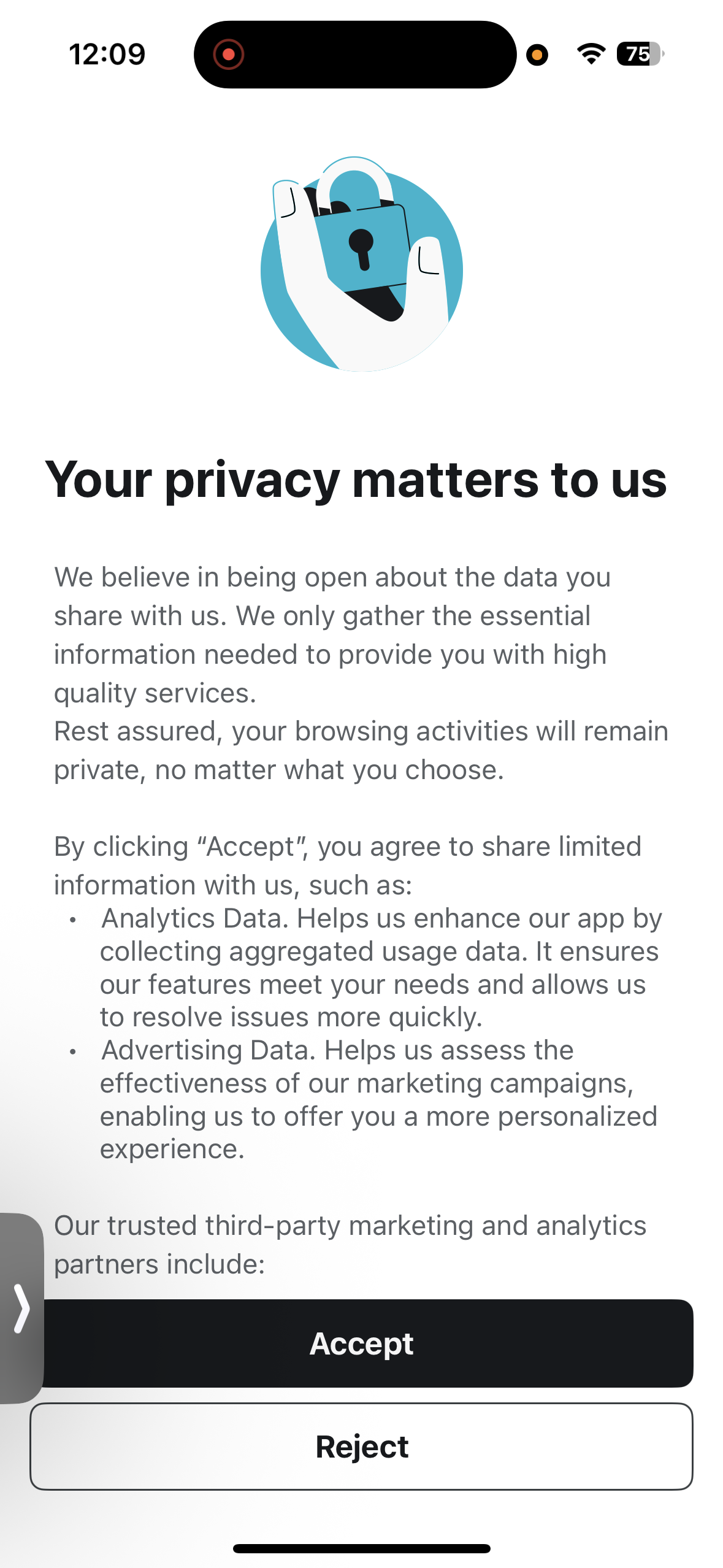 Surfshark privacy notice screen with accept and reject options