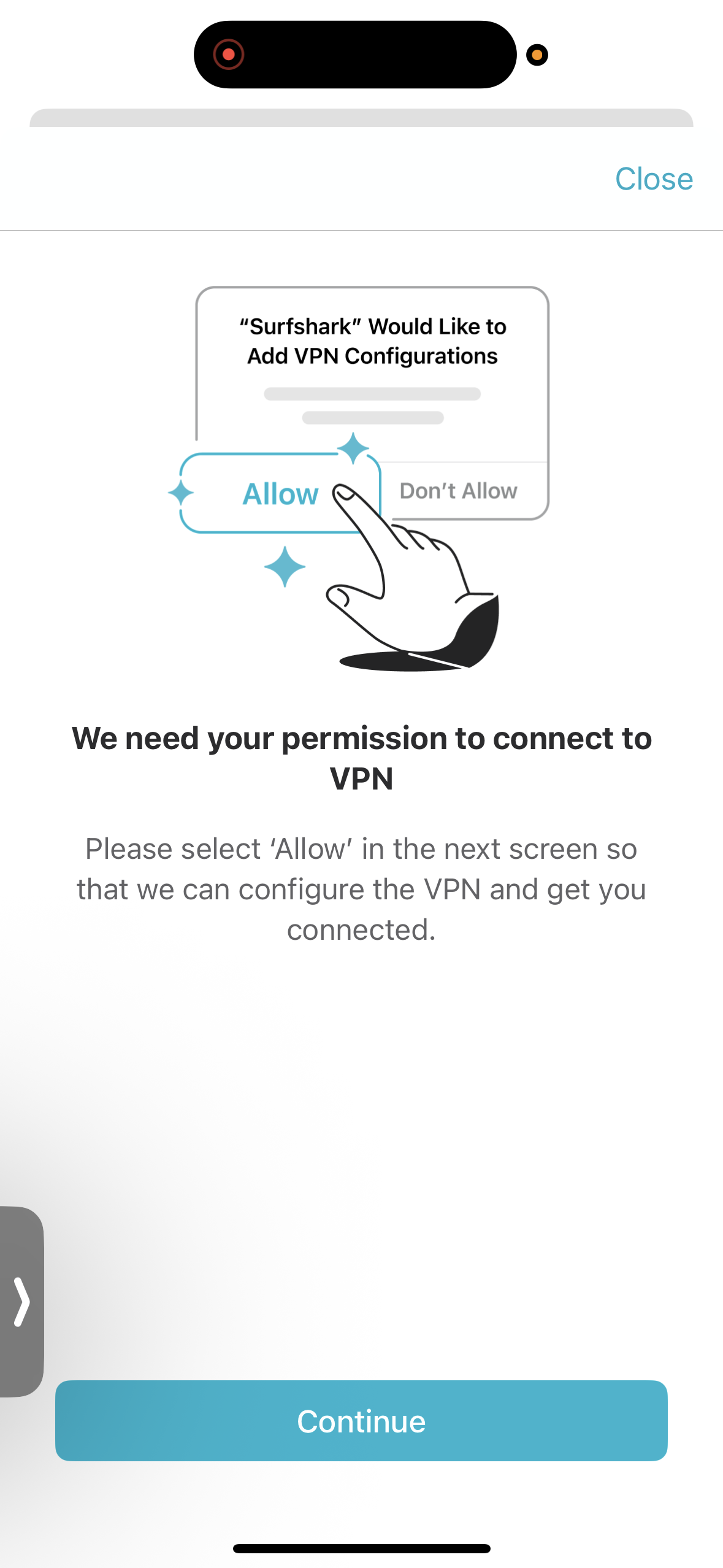 Surfshark app VPN configuration permission request screen