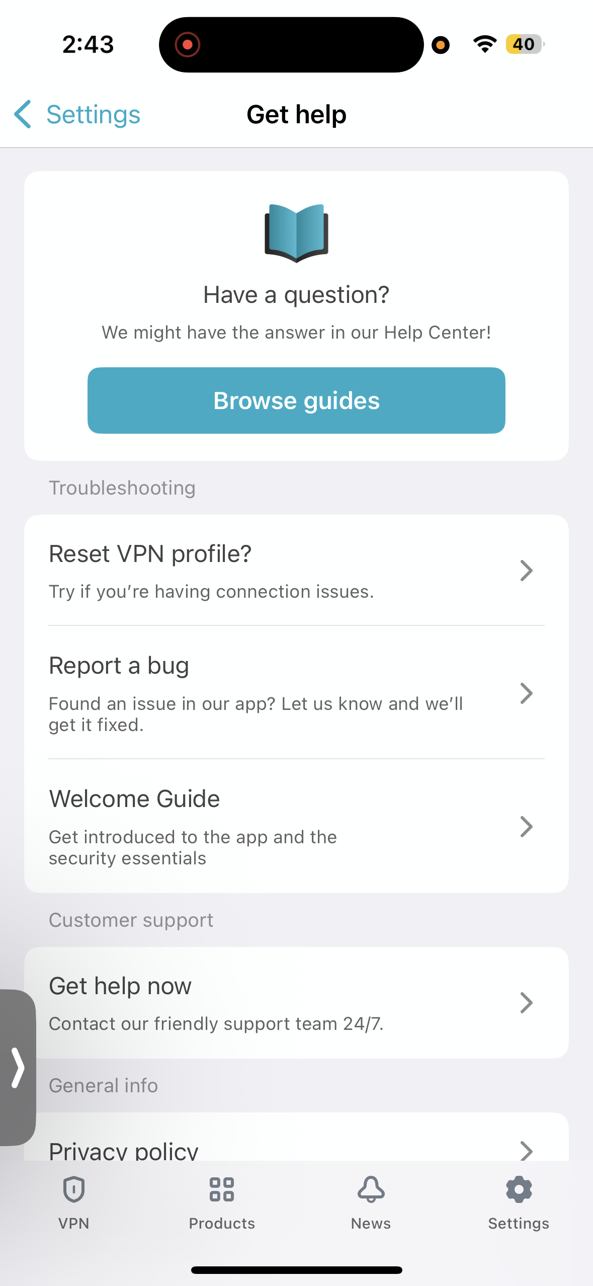 Surfshark iPhone App help screen with troubleshooting and support options