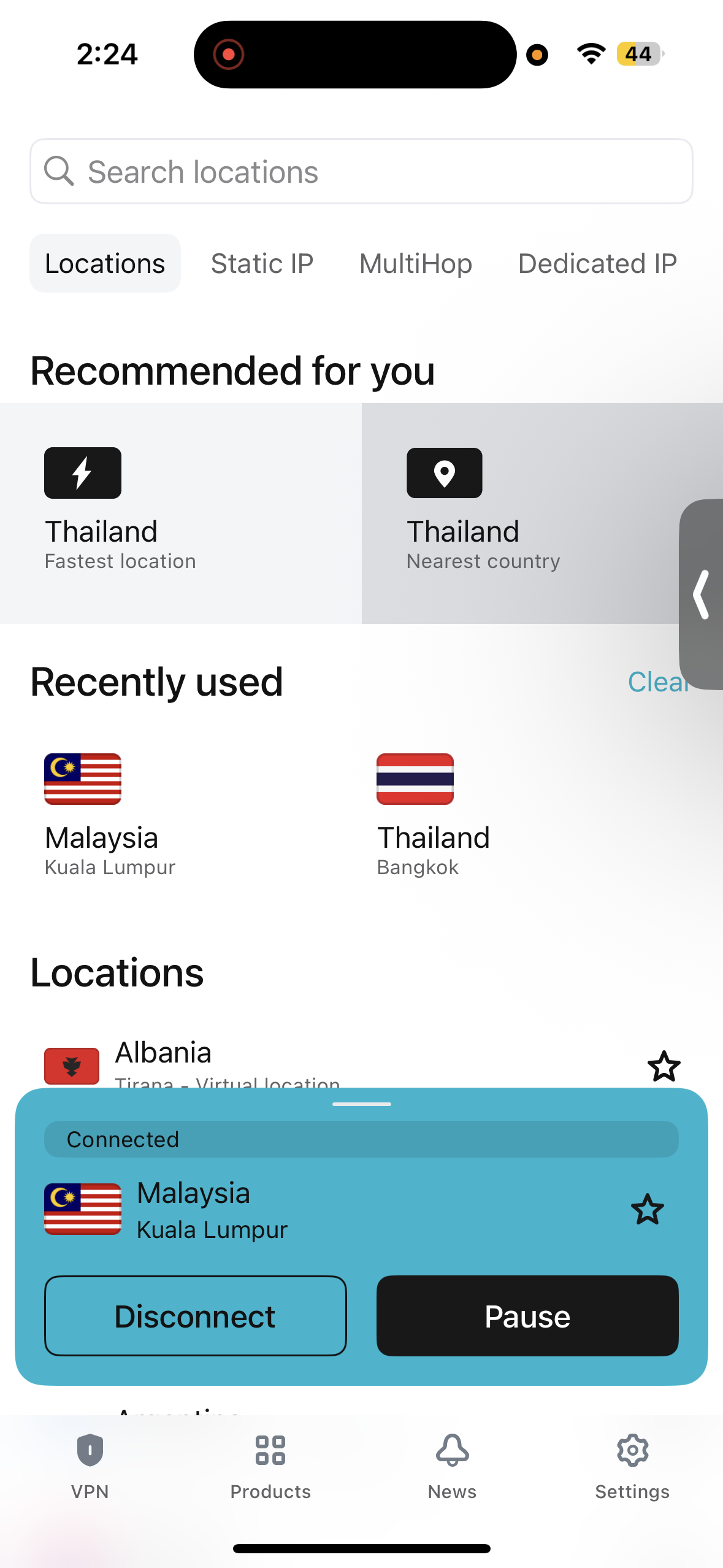 Surfshark iPhone App connected to Malaysia server with secure status