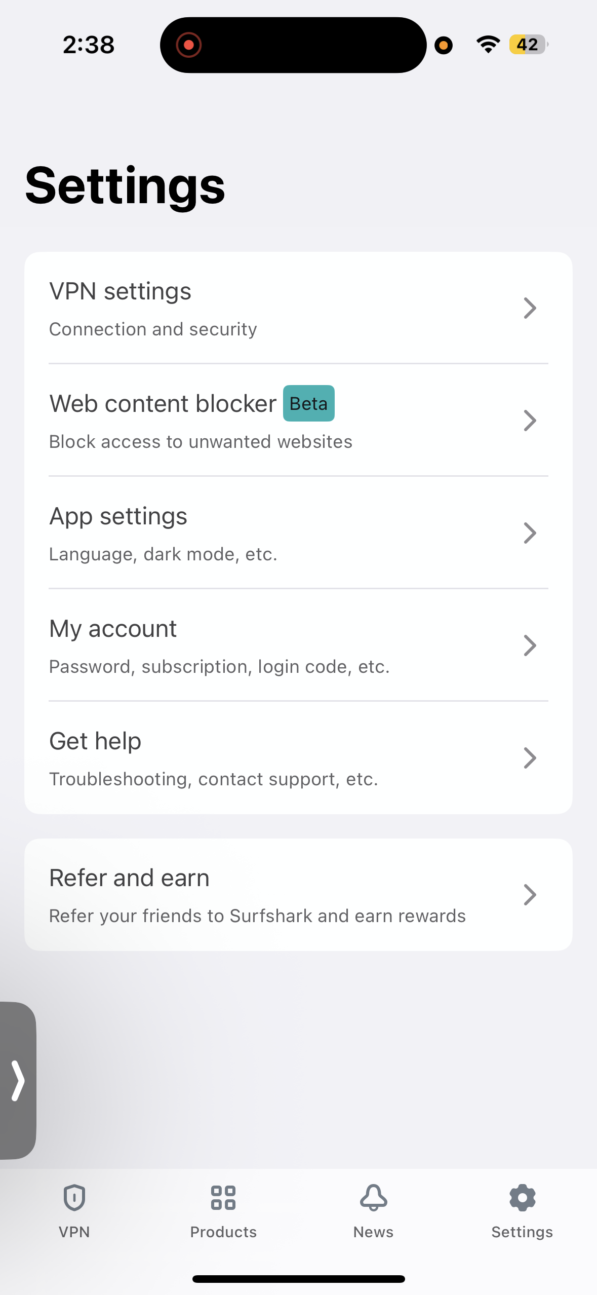 Surfshark iPhone App settings screen with VPN and account options