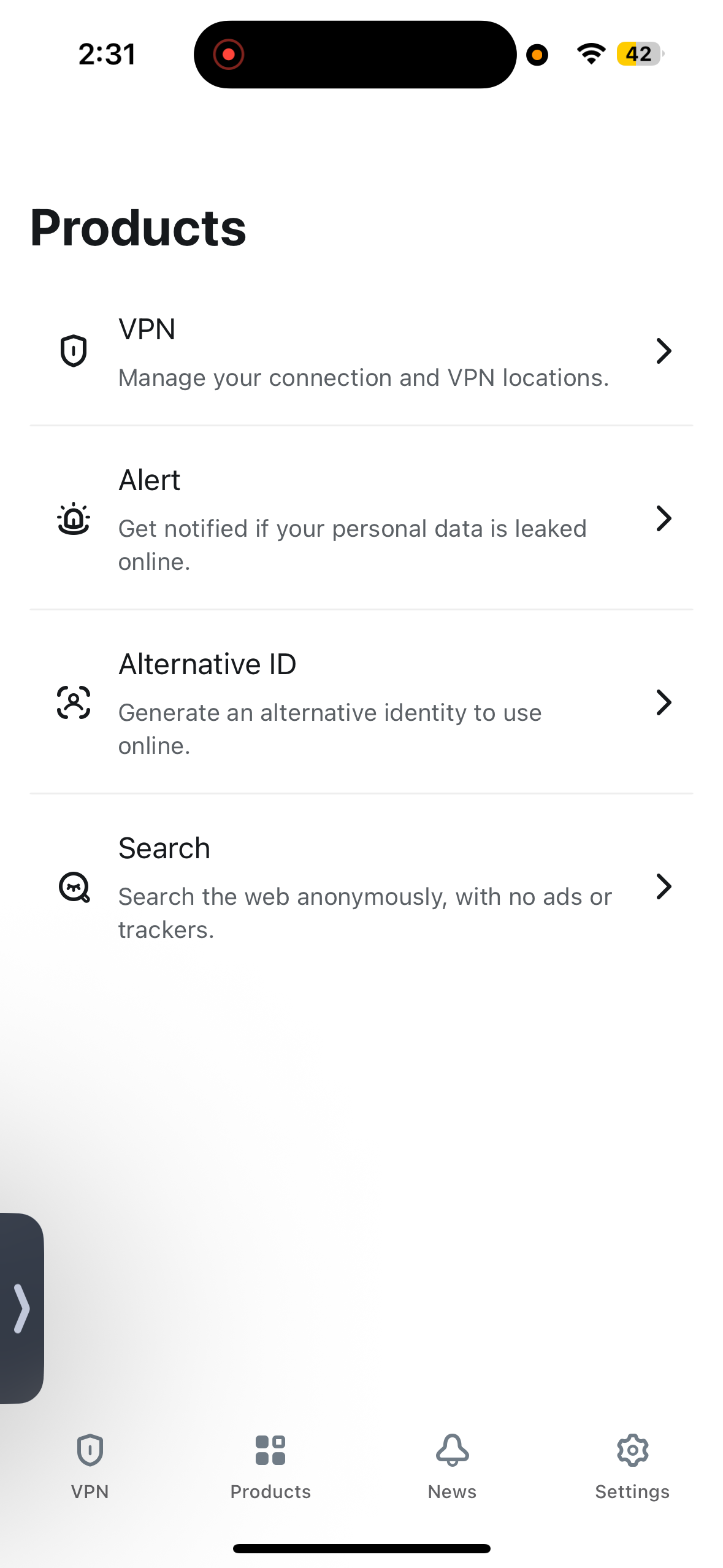 Surfshark iPhone App products screen with VPN, alert, and identity features