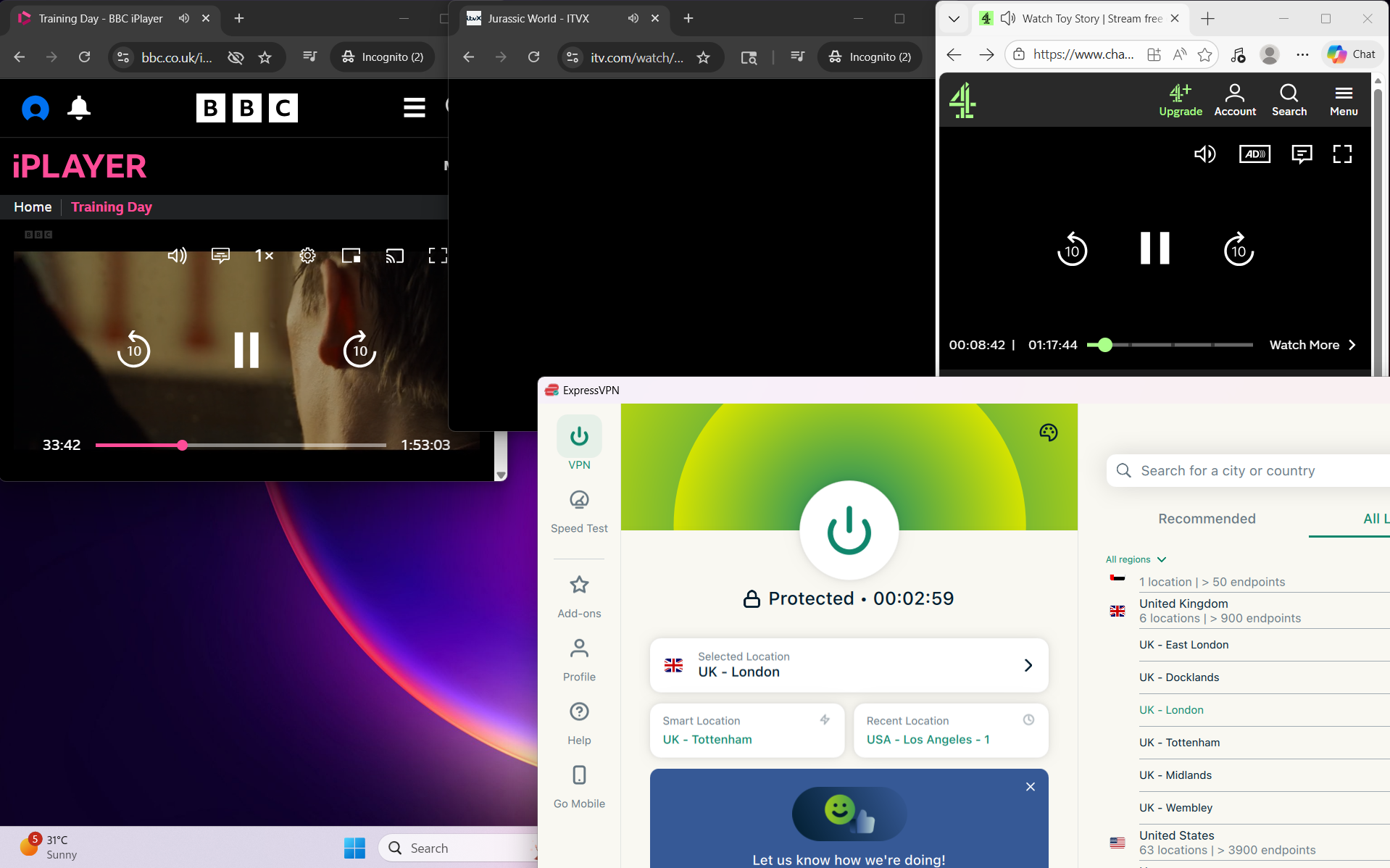 ExpressVPN connected on Windows to London server while accessing BBC iPlayer, ITVX and Channel 4 simultaneously in a browser