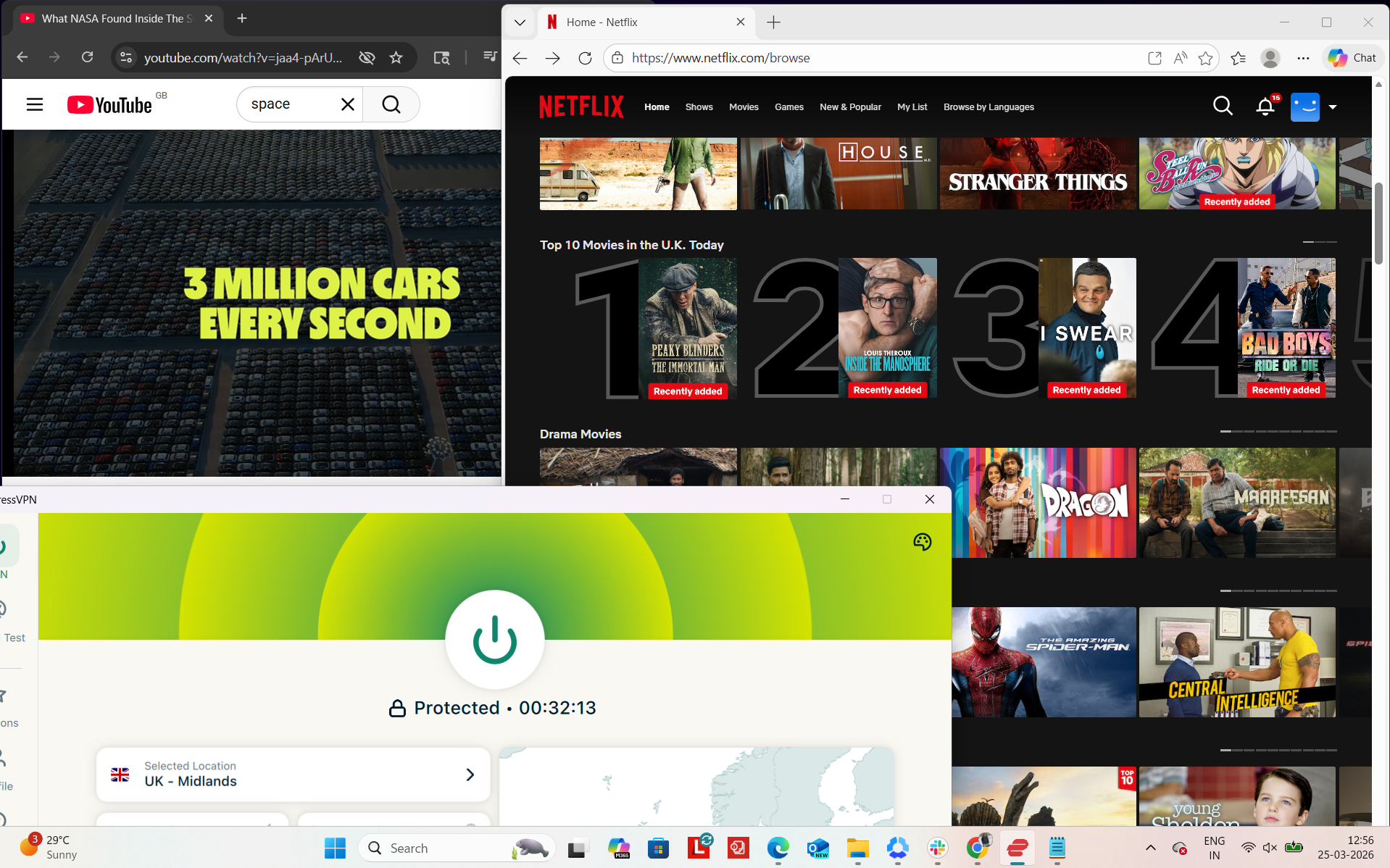 ExpressVPN connected on Windows to Midland server while accessing Netflix UK and YouTube simultaneously in a browser