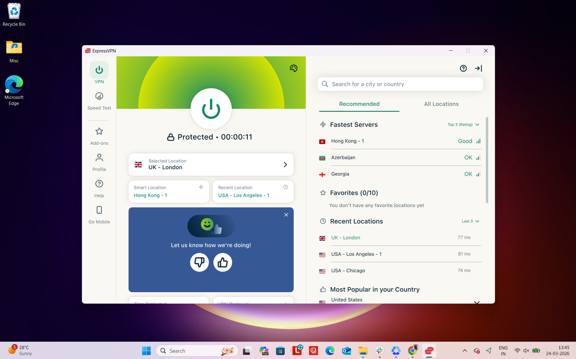 ExpressVPN Windows app interface showing server selection with London location and list of available UK servers