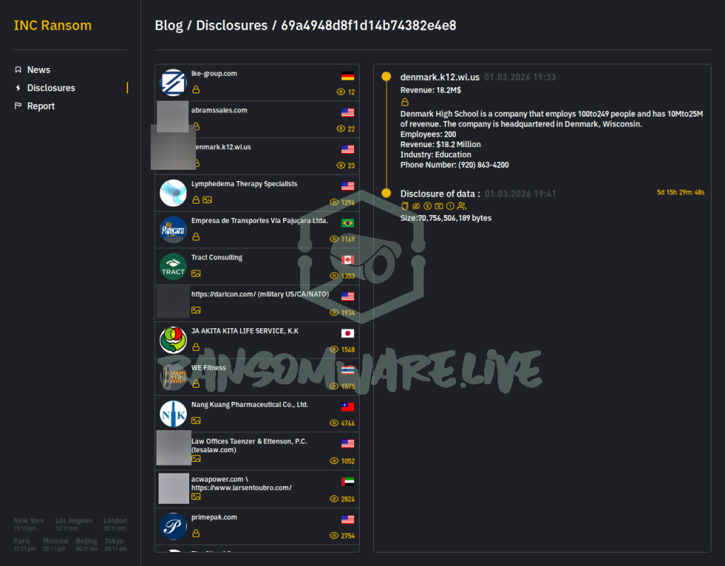 INC Ransom claims Denmark School District | Source: Ransomware.live