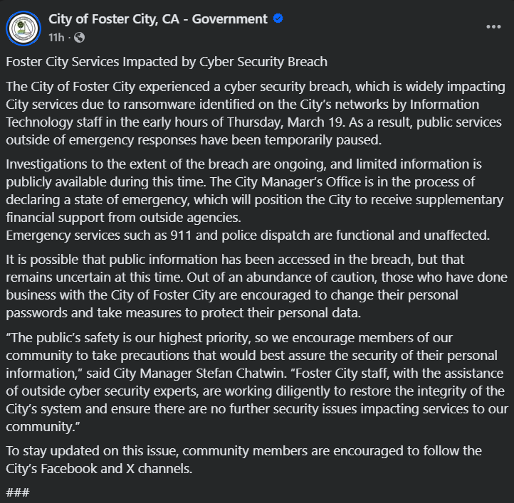 Foster City ransomware attack announcement | Source: Foster City on Facebook