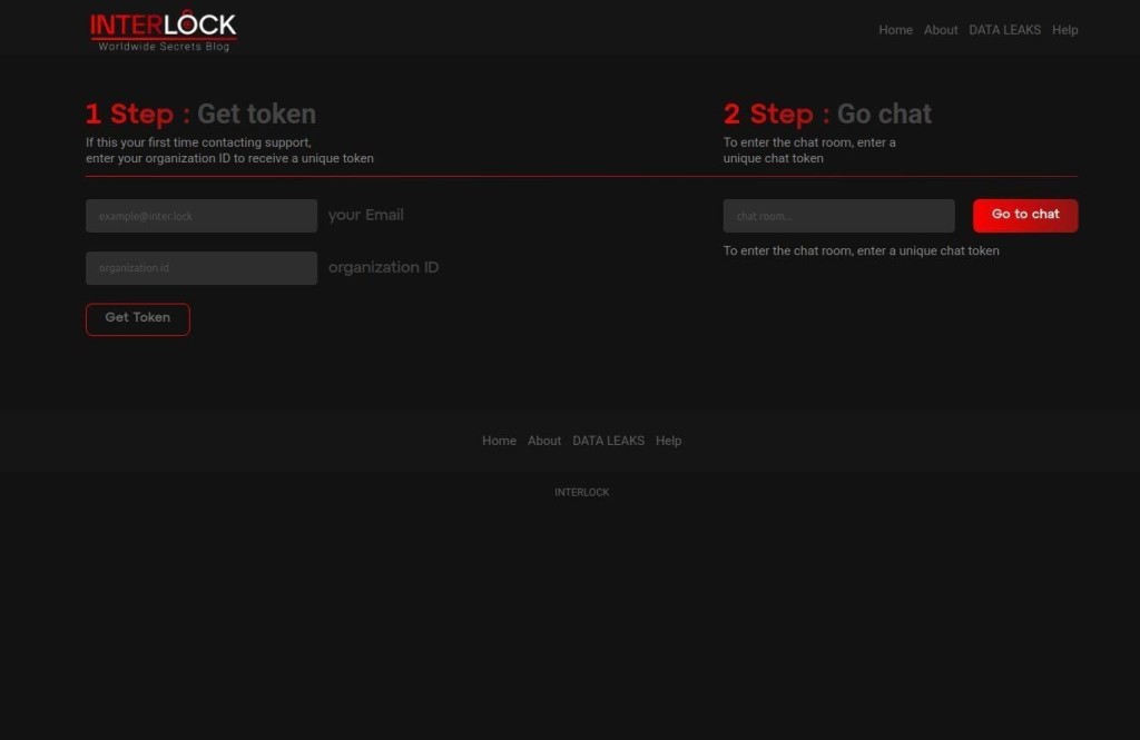 Interlock ransomware negotiation portal where victims enter their organization ID and email address to receive an auth token to begin a negotiation chat session | Source: AWS