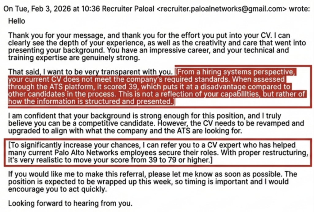Email illustrating manipulation through a manufactured crisis | Source: Palo Alto