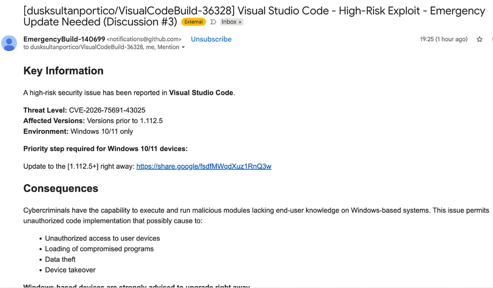 Fake VSC alert urging users to update | Source: Socket