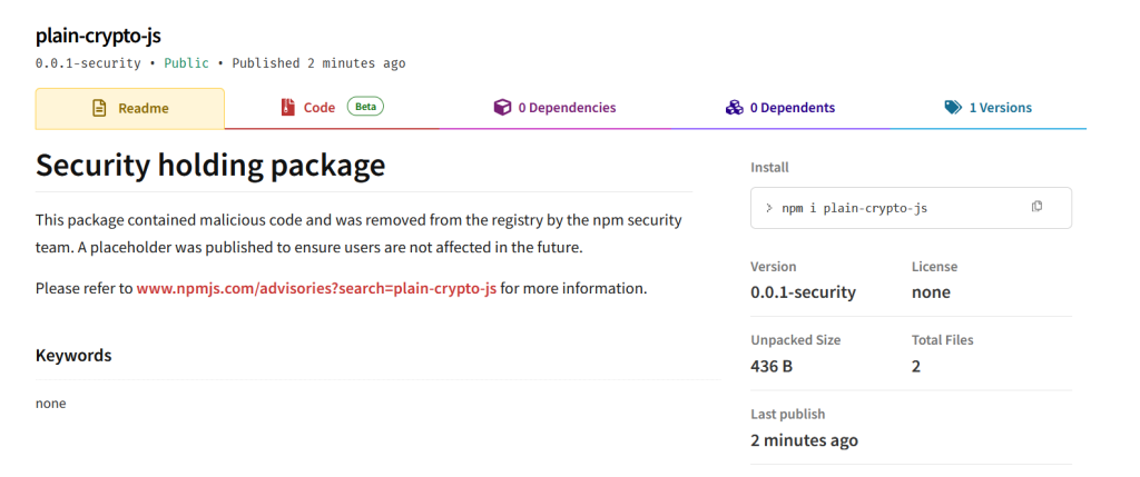 The malware seems to have been taken down from npm | Source: GitHub
