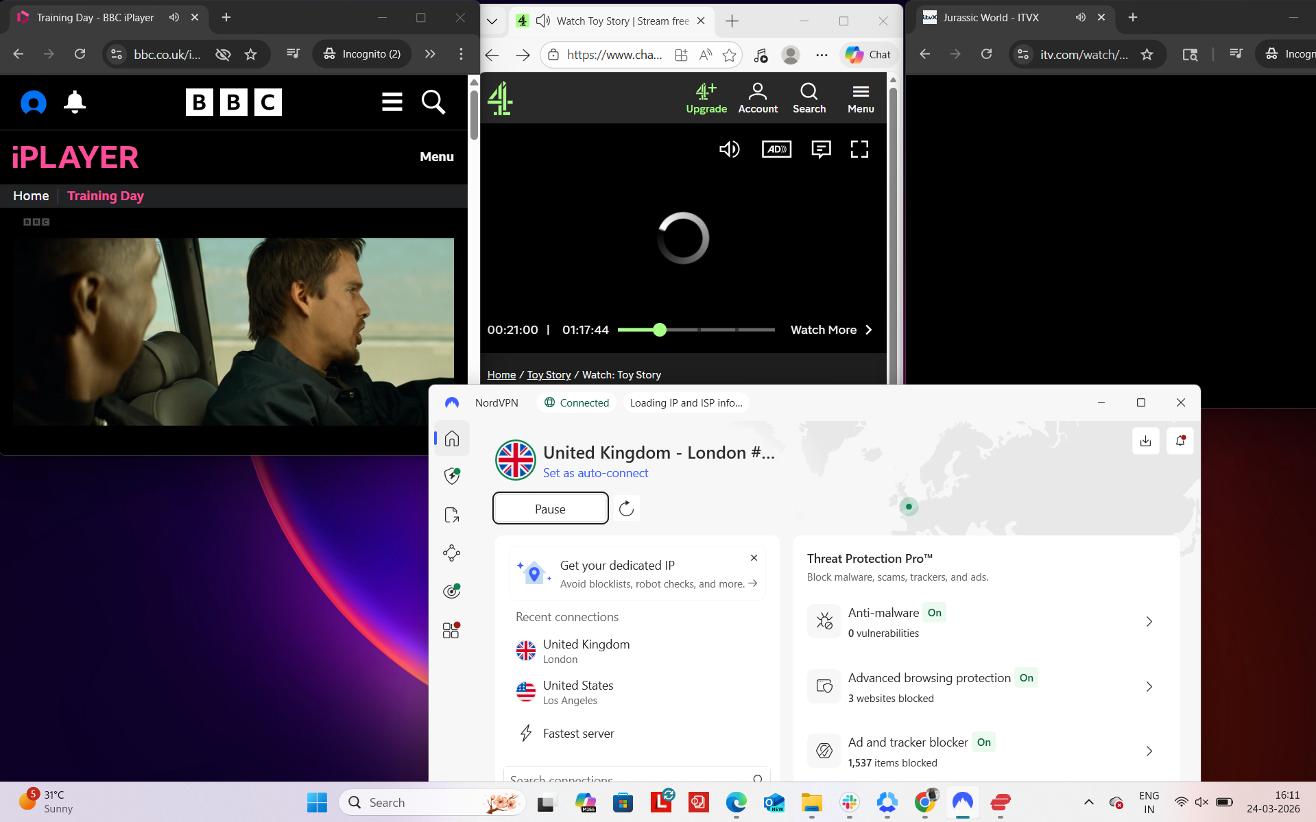 NordVPN connected on Windows to London server while accessing BBC iPlayer, ITVX and Channel 4 simultaneously in a browser