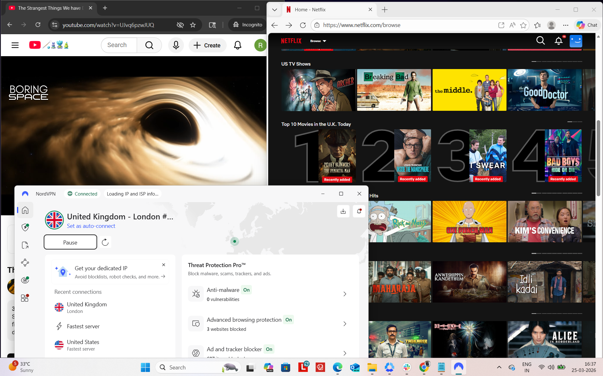 NordVPN connected on Windows to London server while accessing Netflix UK and YouTube simultaneously in a browser
