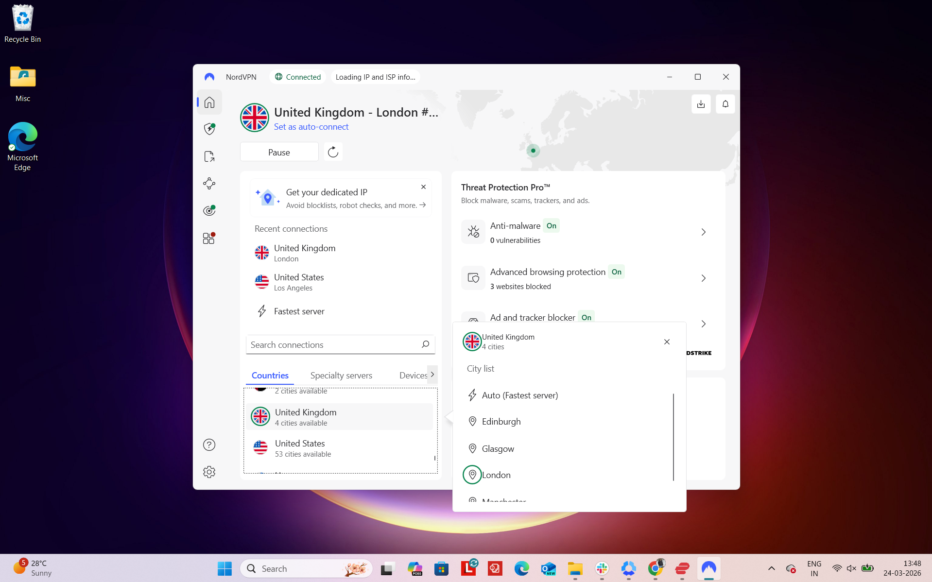 NordVPN Windows app interface showing server selection with London location and list of available UK servers