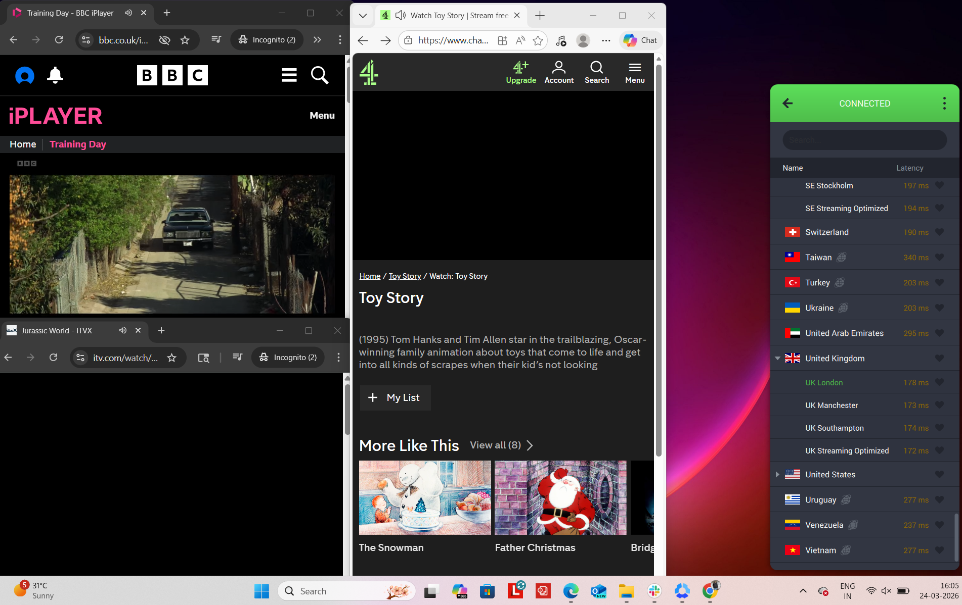 PIA VPN connected on Windows to London server while accessing BBC iPlayer, ITVX and Channel 4 simultaneously in a browser