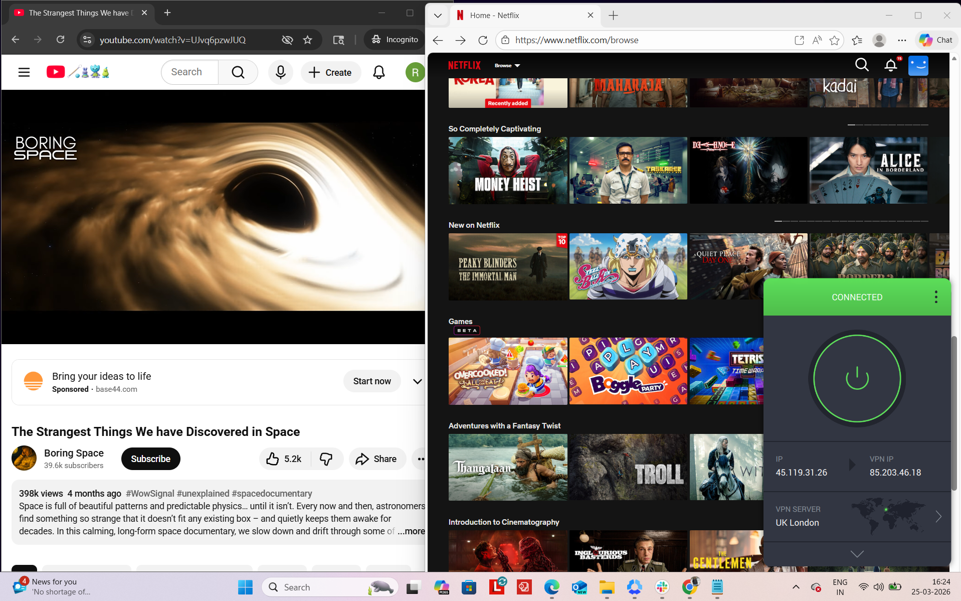 PIA VPN connected on Windows to London server while accessing Netflix UK and YouTube simultaneously in a browser