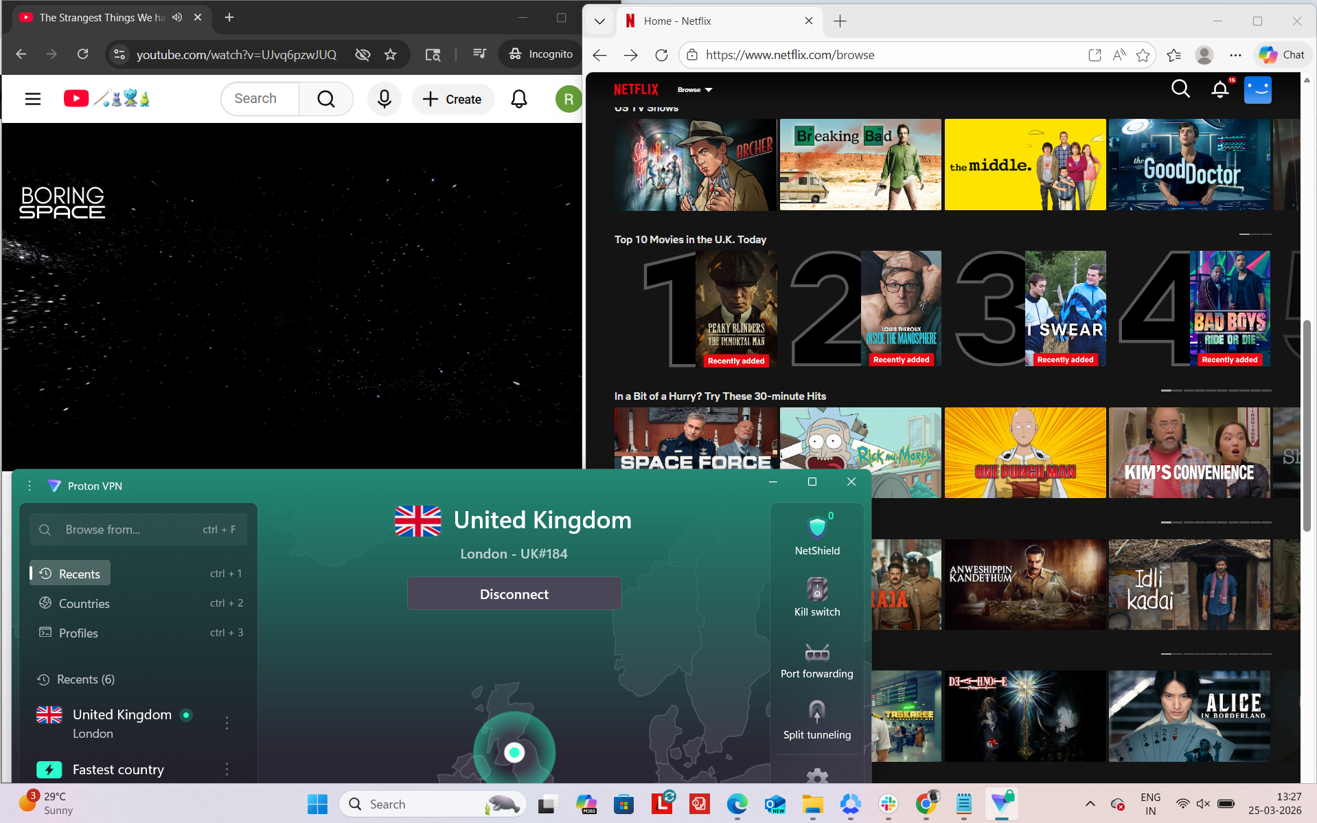 Proton VPN connected on Windows to London server while accessing Netflix UK and YouTube simultaneously in a browser