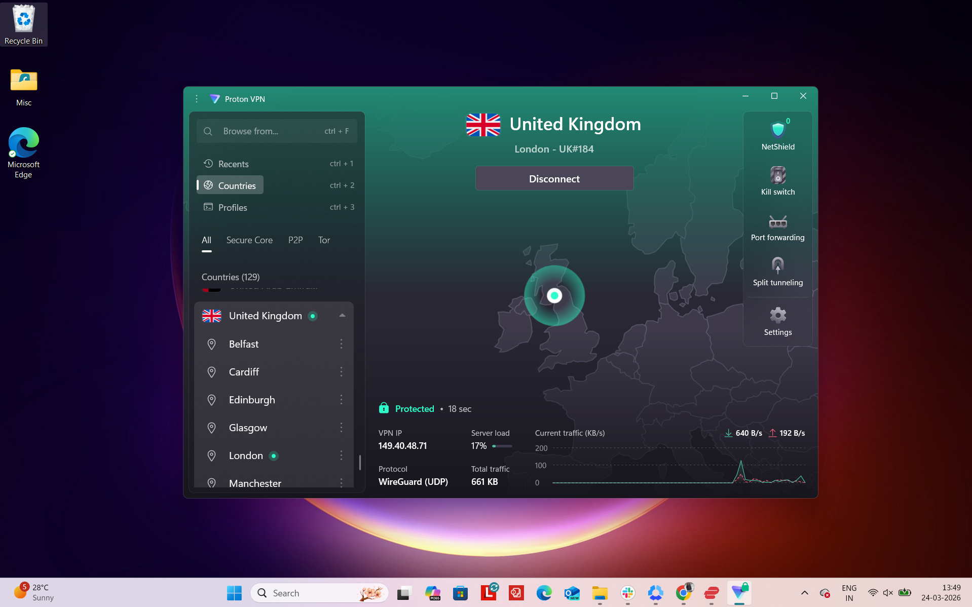 Proton VPN Windows app interface showing server selection with London location and list of available UK servers