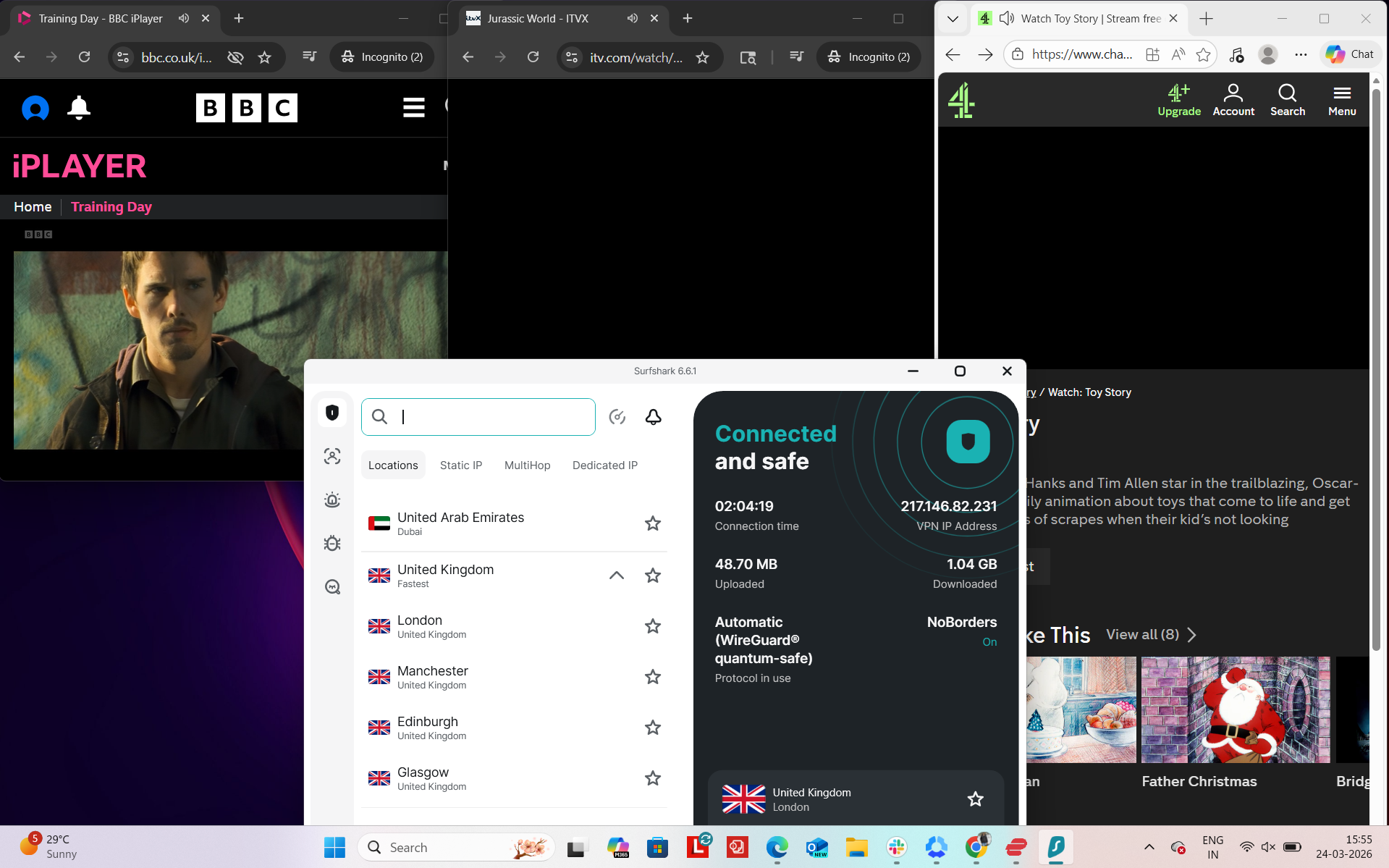 Surfshark VPN connected on Windows to London server while accessing BBC iPlayer, ITVX and Channel 4 simultaneously in a browser