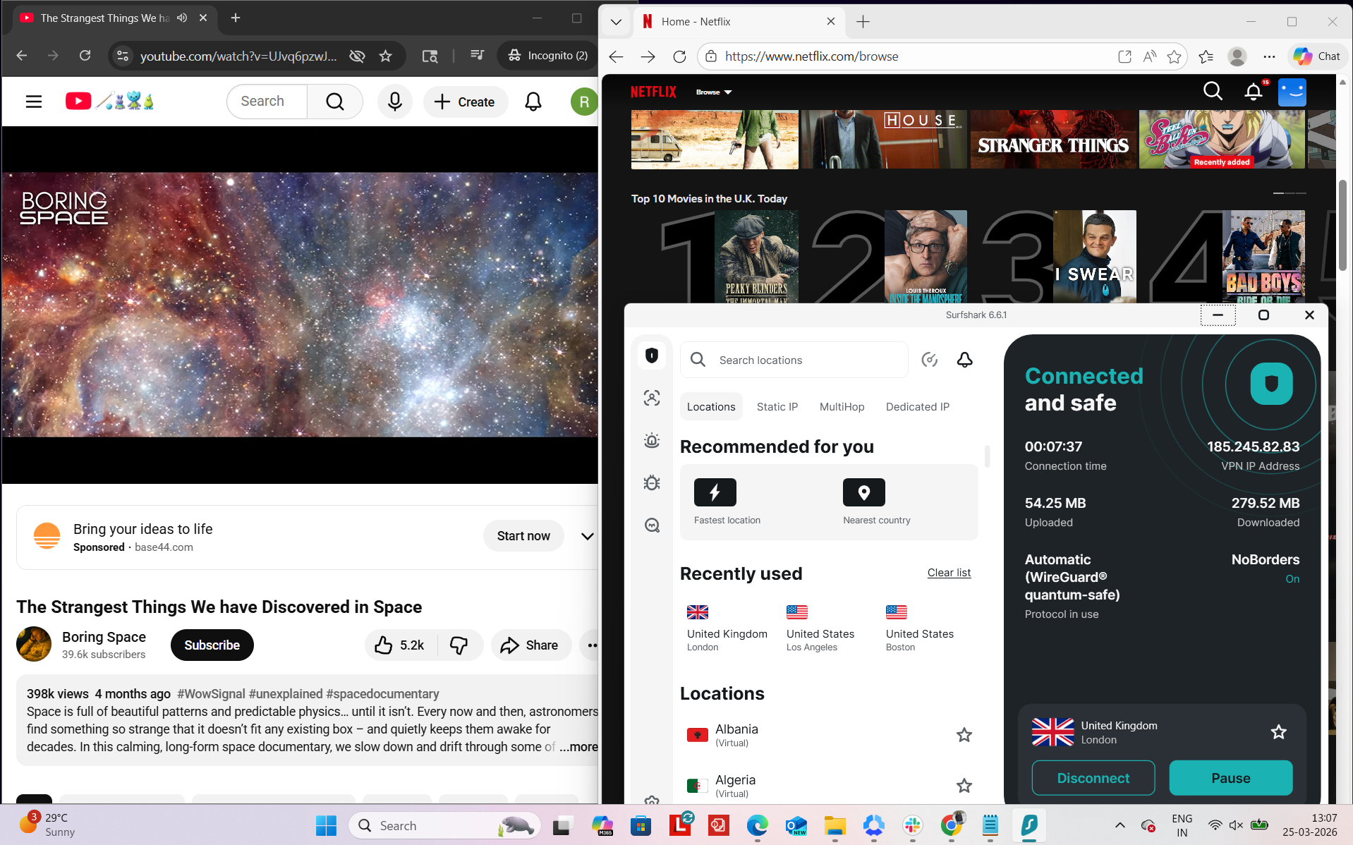 Surfshark VPN connected on Windows to London server while accessing Netflix UK and YouTube simultaneously in a browser