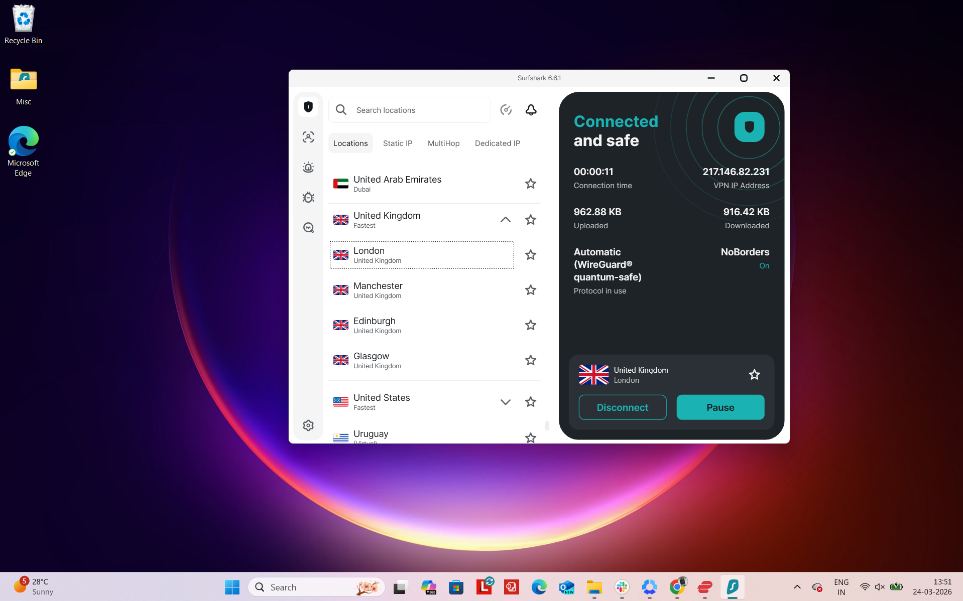 Surfshark VPN Windows app interface showing server selection with London location and list of available UK servers