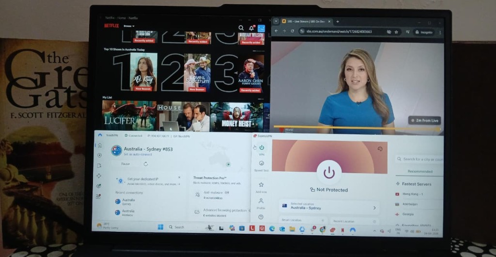 NordVPN and ExpressVPN testing setup on Windows connected to the Sydney server while accessing Australian streaming platforms like Netflix and SBS