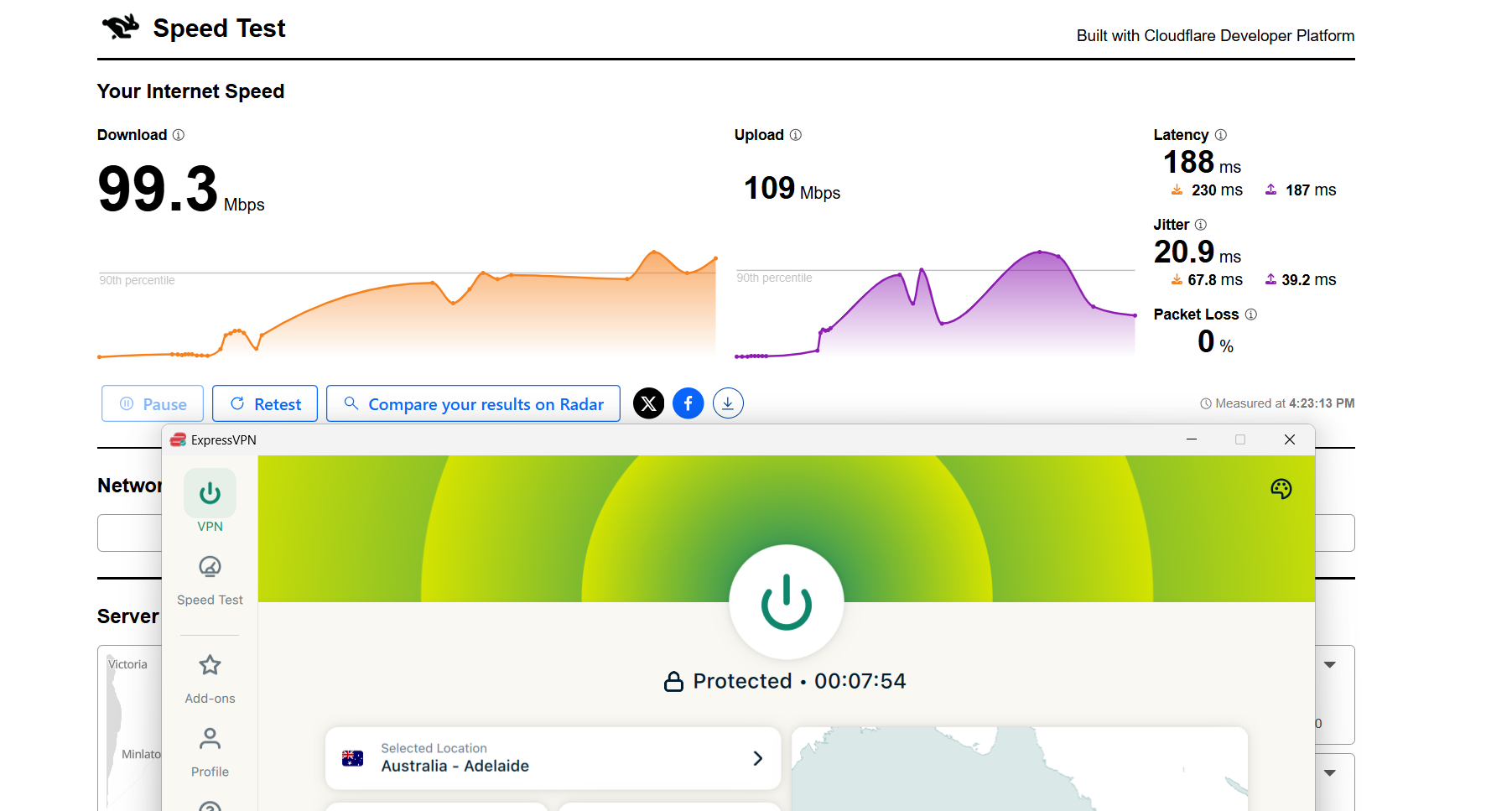 ExpressVPN speed test results on Windows connected to Adelaide server over WiFi showing download, upload, latency, and jitter performance