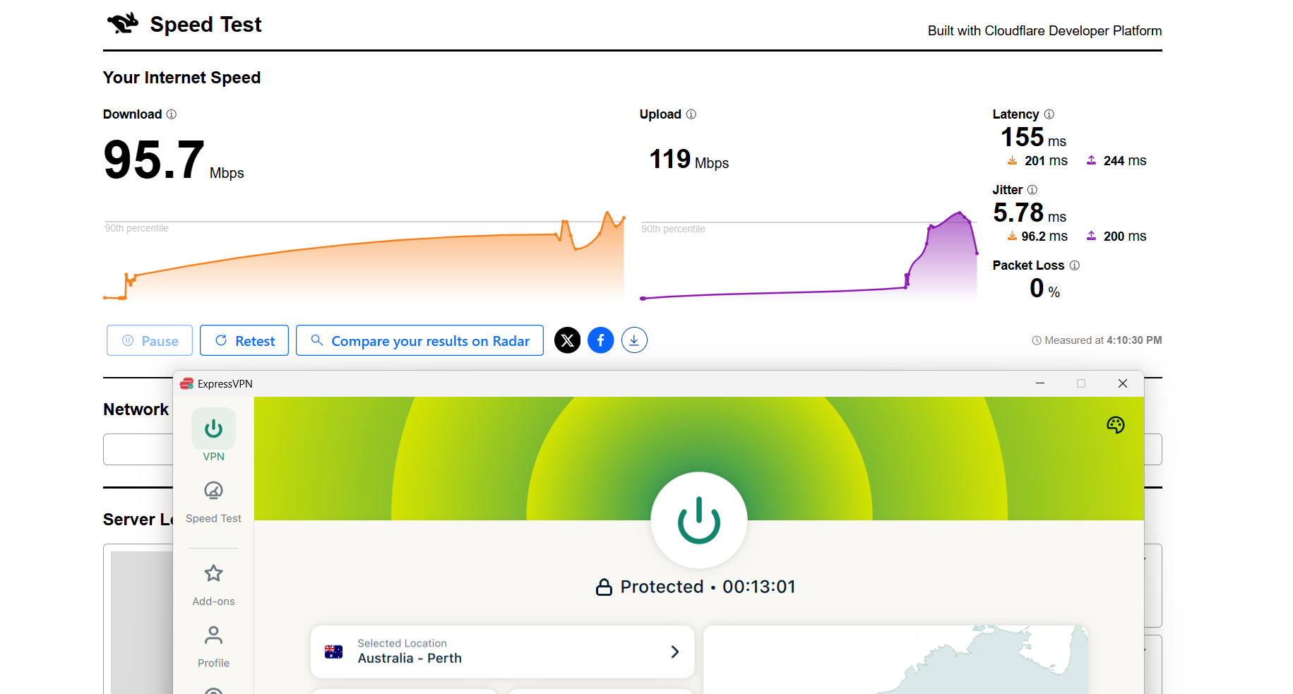 ExpressVPN speed test results on Windows connected to Perth server over WiFi showing download, upload, latency, and jitter performance