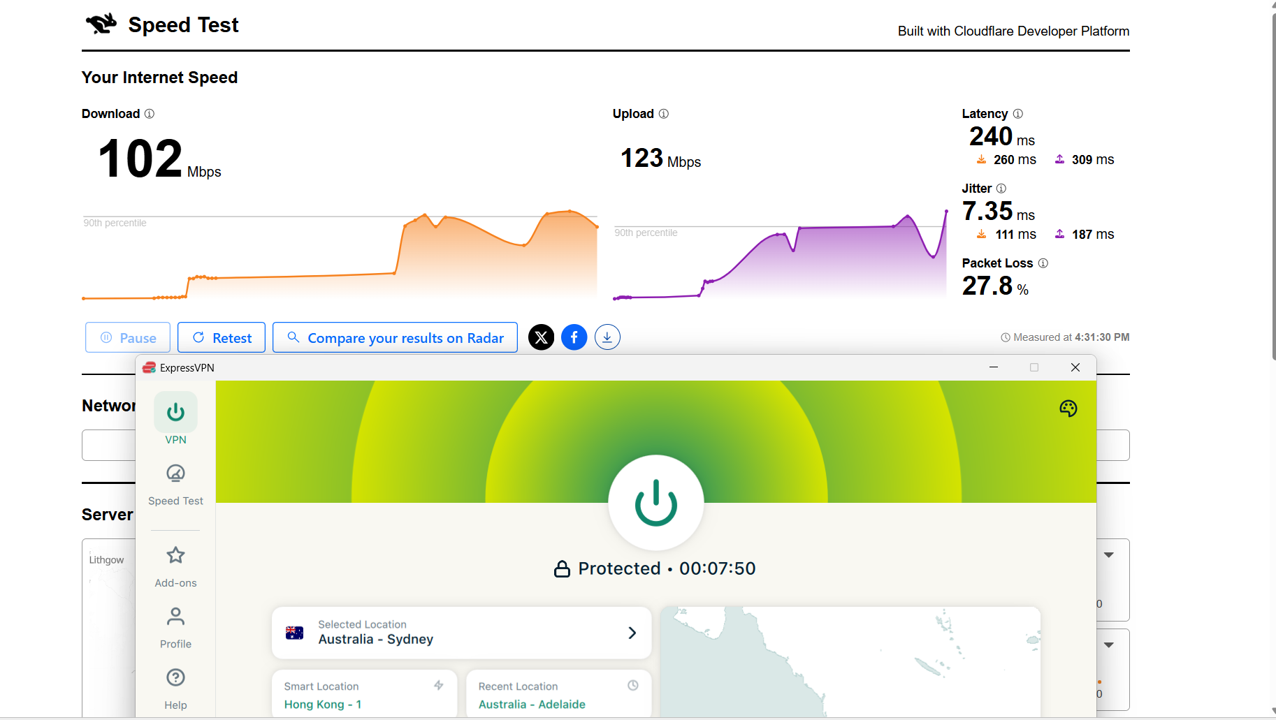 ExpressVPN speed test results on Windows connected to Sydney server over WiFi showing download, upload, latency, and jitter performance