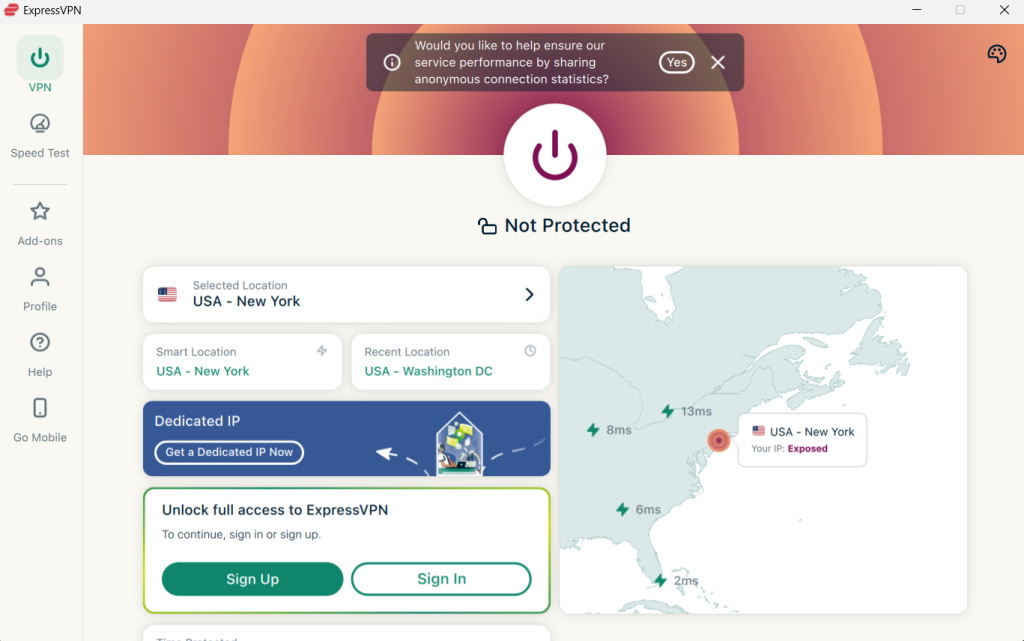 ExpressVPN Dashboard on Windows