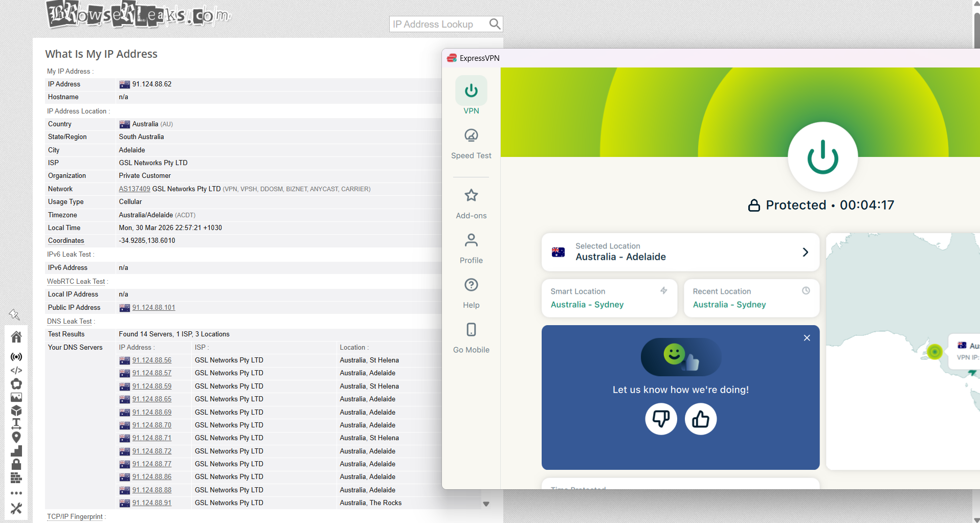 IP, DNS, and WebRTC leak test – no leaks detected on ExpressVPN Adelaide server on Windows (WiFi)