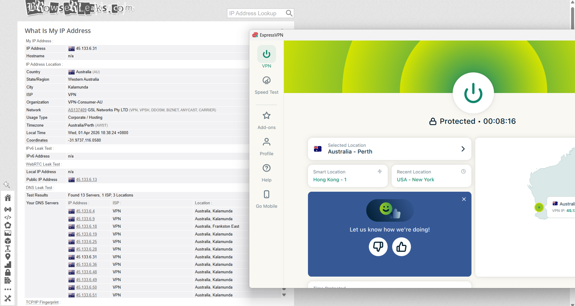 IP, DNS, and WebRTC leak test – no leaks detected on ExpressVPN Perth server on Windows (WiFi)