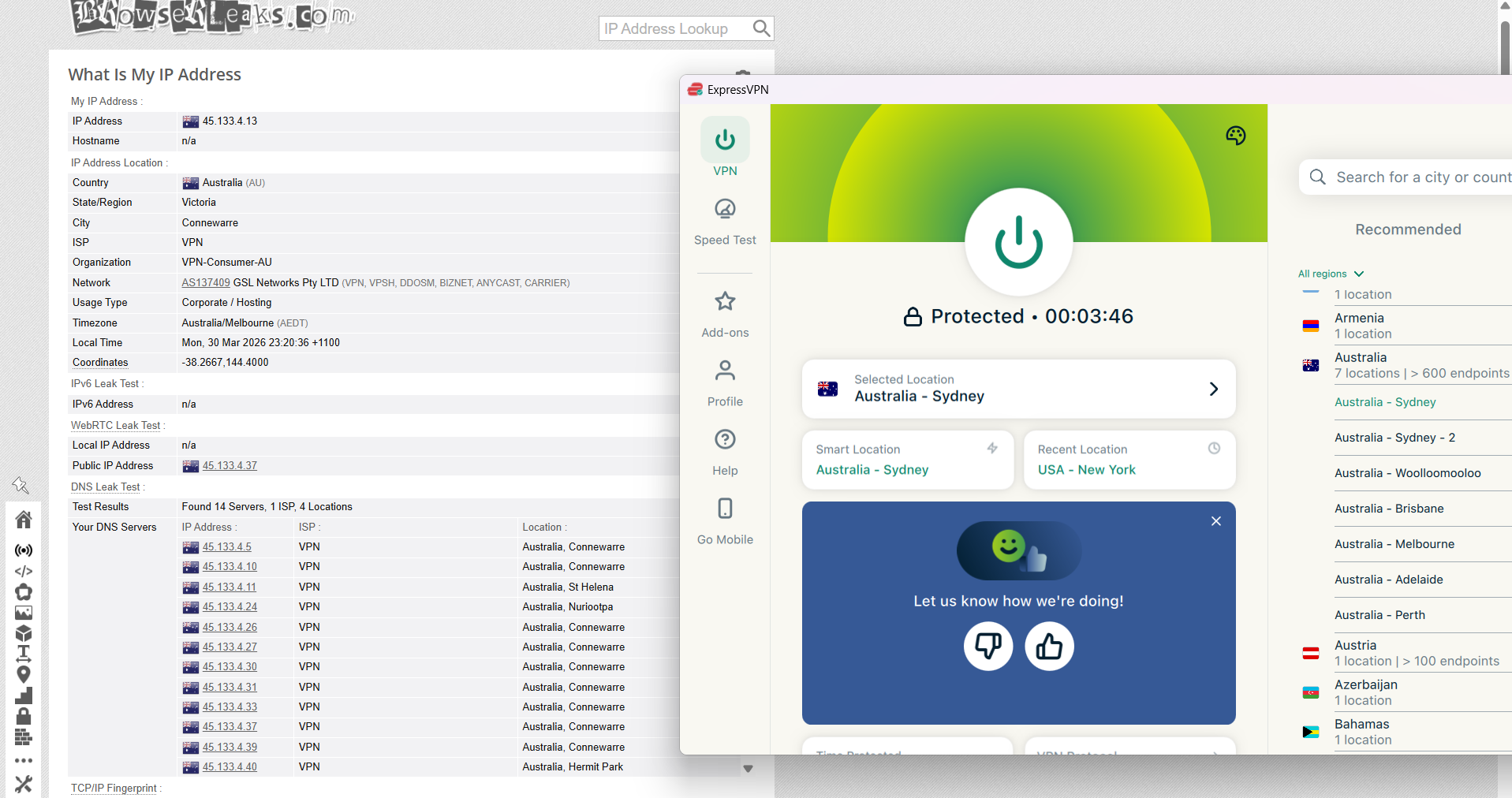 IP, DNS, and WebRTC leak test – no leaks detected on ExpressVPN Sydney server on Windows (WiFi)