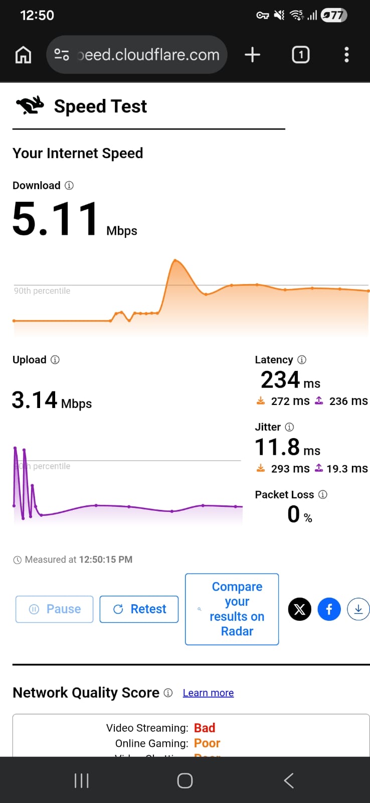 Hide.Me VPN free version speed test results on Android connected to Berlin server over WiFi showing download, upload, latency, and jitter performance (tested April 2026)