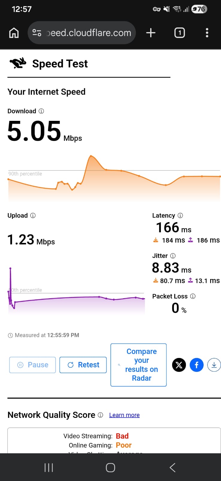 Hide.Me VPN free version speed test results on Android connected to Germany server over WiFi showing download, upload, latency, and jitter performance (tested April 2026)