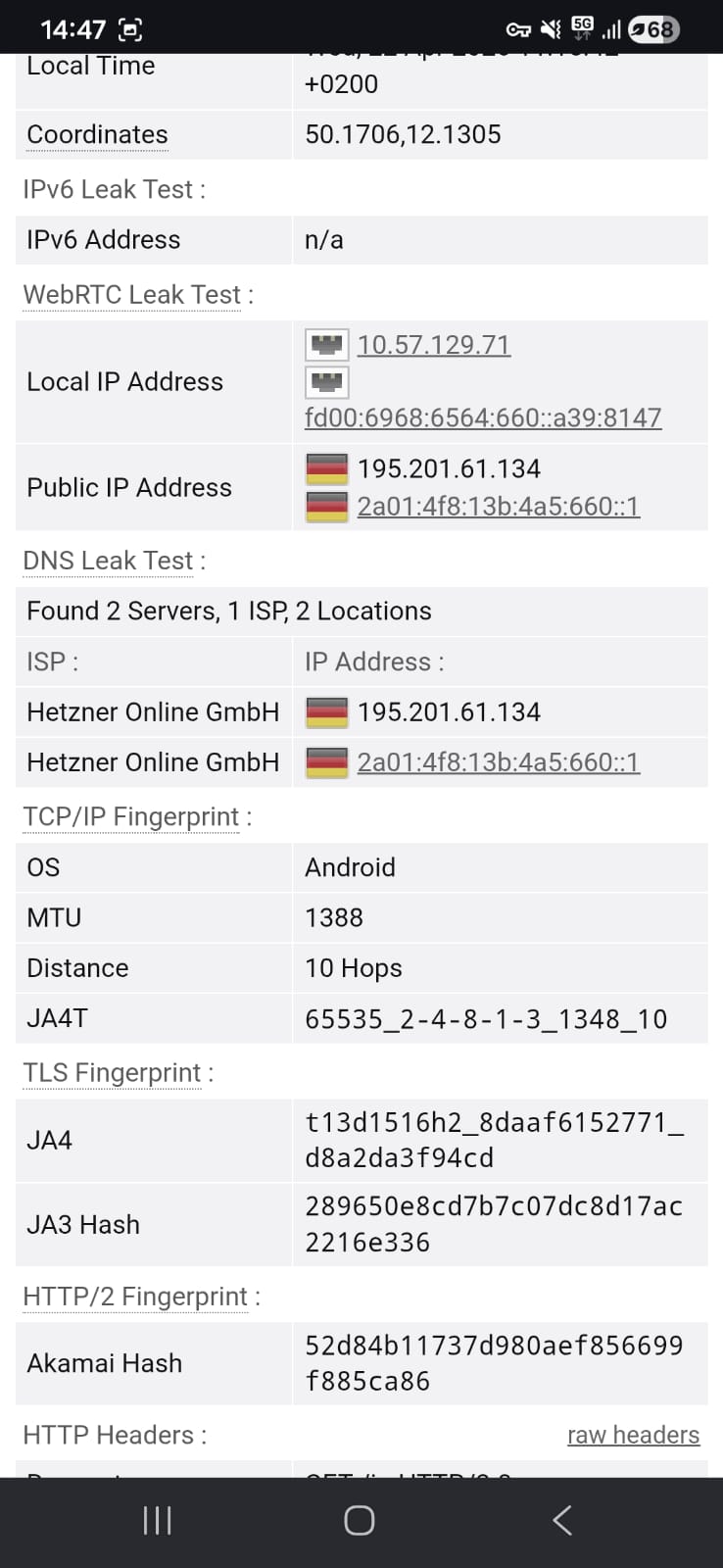 Leak test results (DNS) for Hide.Me Free Android using a Germany (Attempt-1) server on Wi-Fi (April 2026) - No Leak Detected