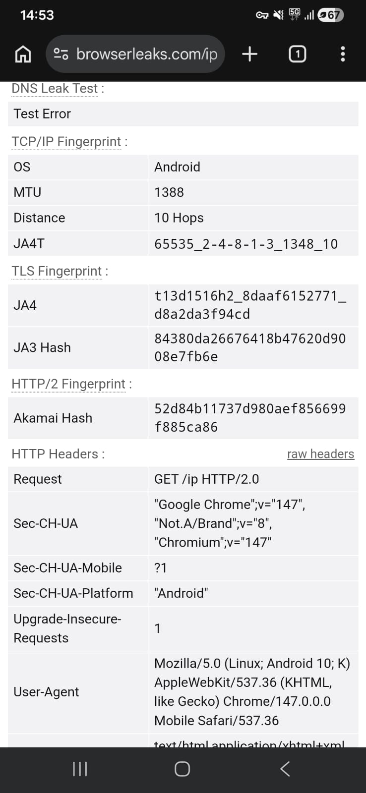 Leak test results (DNS) for Hide.Me Free Android using a Germany (Attempt-2) server on Wi-Fi (April 2026) - No Leak Detected
