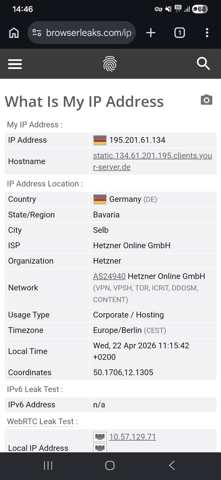Leak test results (IP and WebRTC) for Hide.Me VPN Free Android using a Germany (Attempt-1) server on Wi-Fi (April 2026) - No Leak Detected