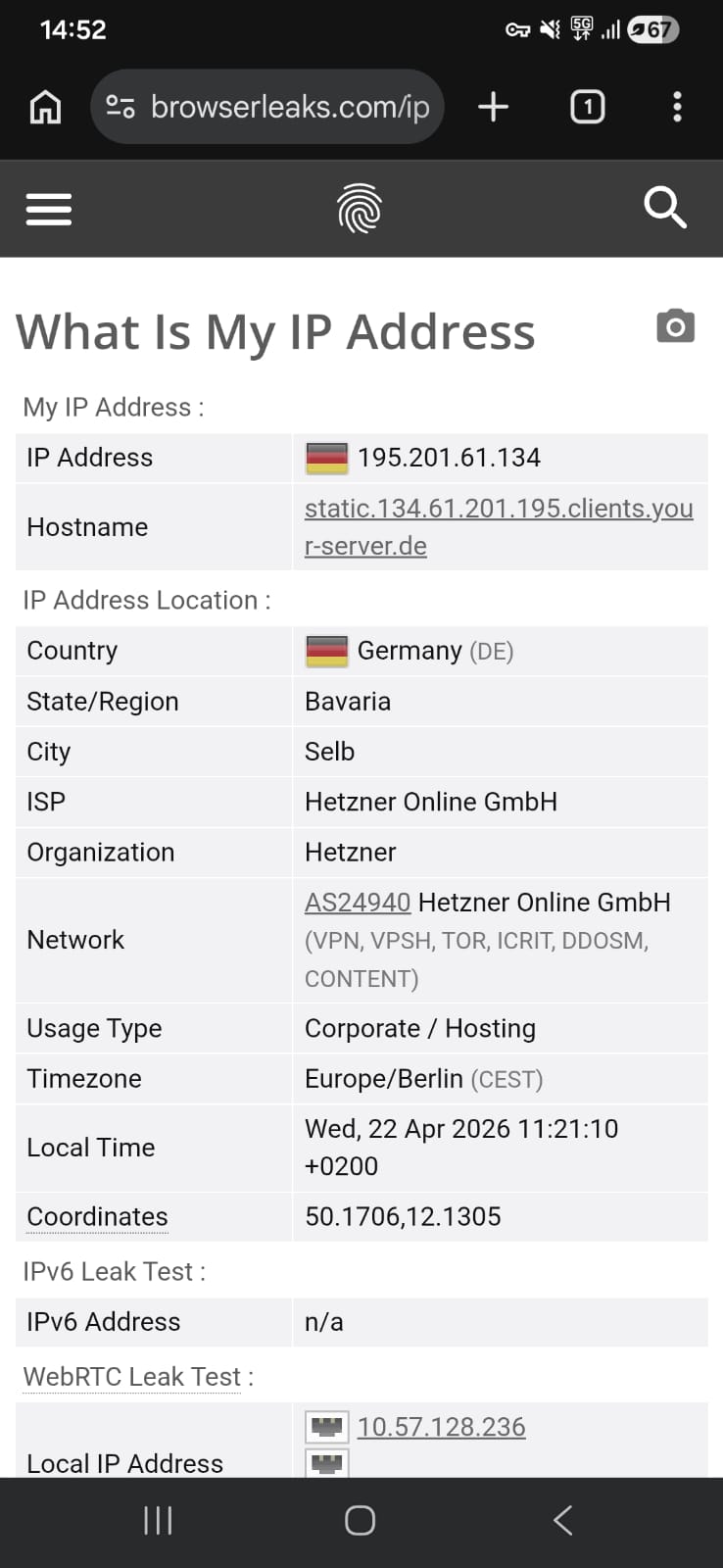 Leak test results (IP and WebRTC) for Hide.Me Free Android using a Germany (Attempt-2) server on Wi-Fi (April 2026) - No Leak Detected