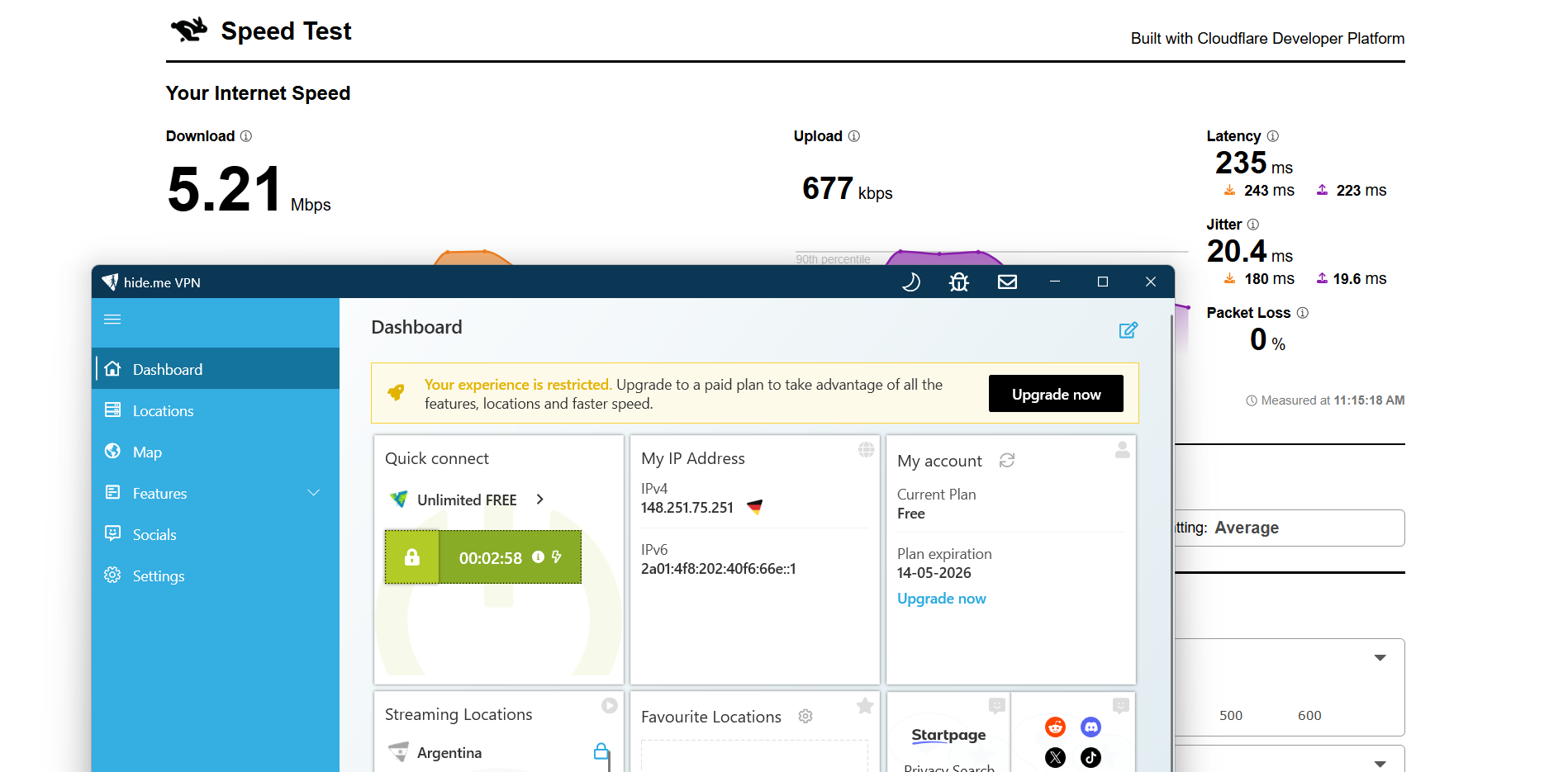  Image showing Hide.Me VPN free version on Windows connected to a German server with a speed test interface displaying download and upload performance over Wi-Fi