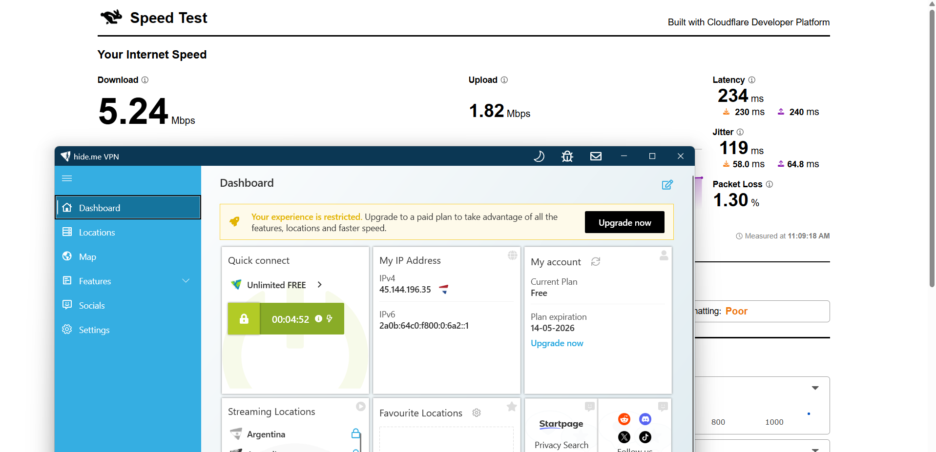Image showing Hide.Me VPN free version on Windows connected to a Netherlands server with a speed test interface displaying download and upload performance over Wi-Fi