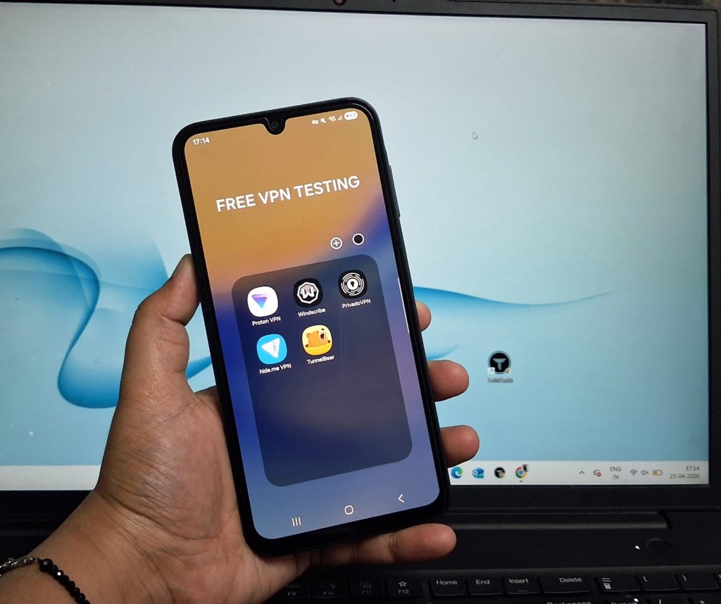 Simultaneous use of Proton VPN, Windscribe VPN, Privado VPN, TunnelBear, and Hide.me VPN on one phone, showing the real-world testing for Best Free VPNs for Android.