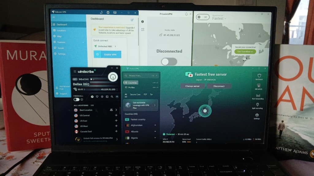 Simultaneous use of Windscribe, Proton VPN, Privado VPN, TunnelBear, and Hide.me VPN on one laptop, showing the real-world testing for Best Free VPNs for Windows.